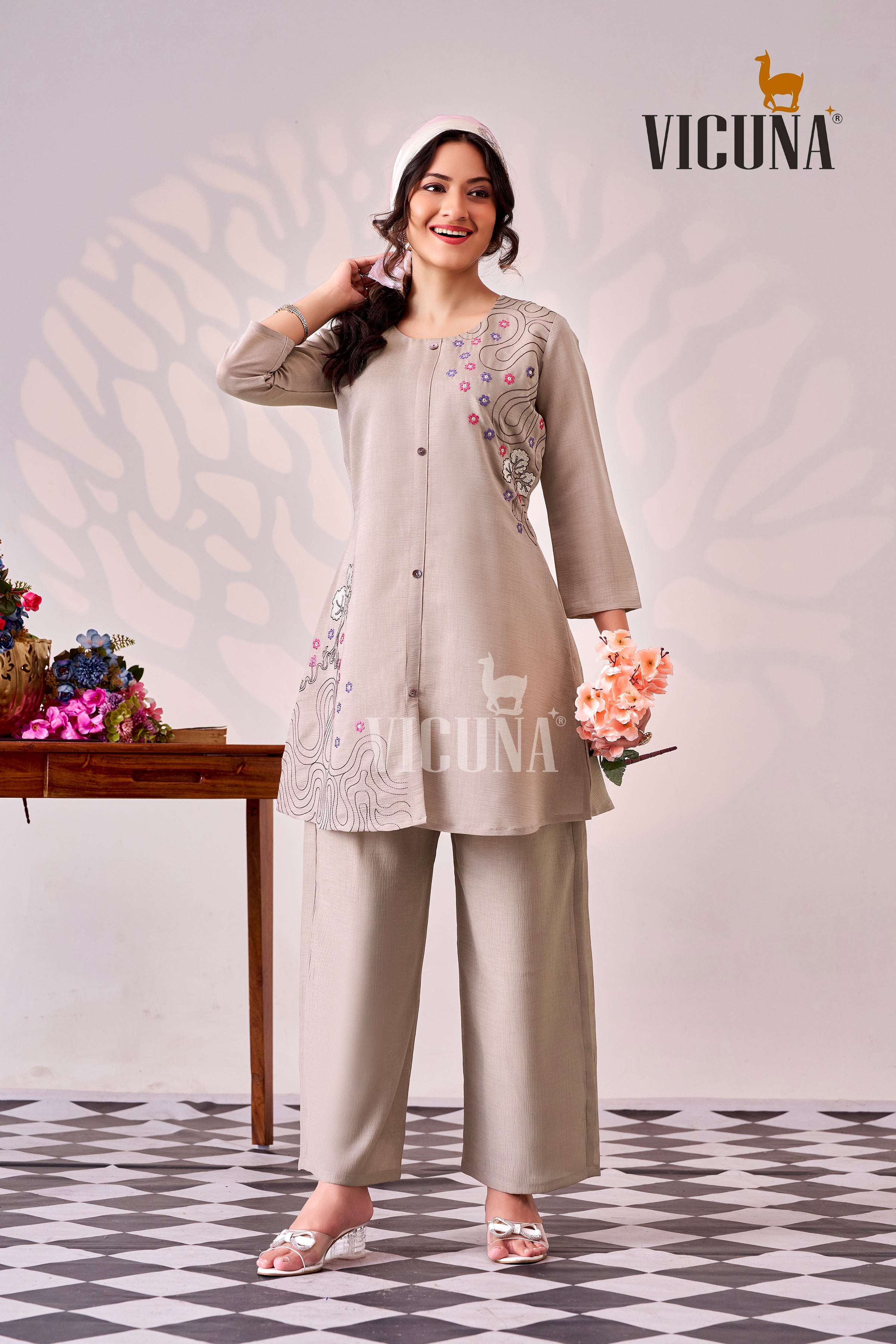 Gray Zara Wrinkle Embroidered Co-Ord Set