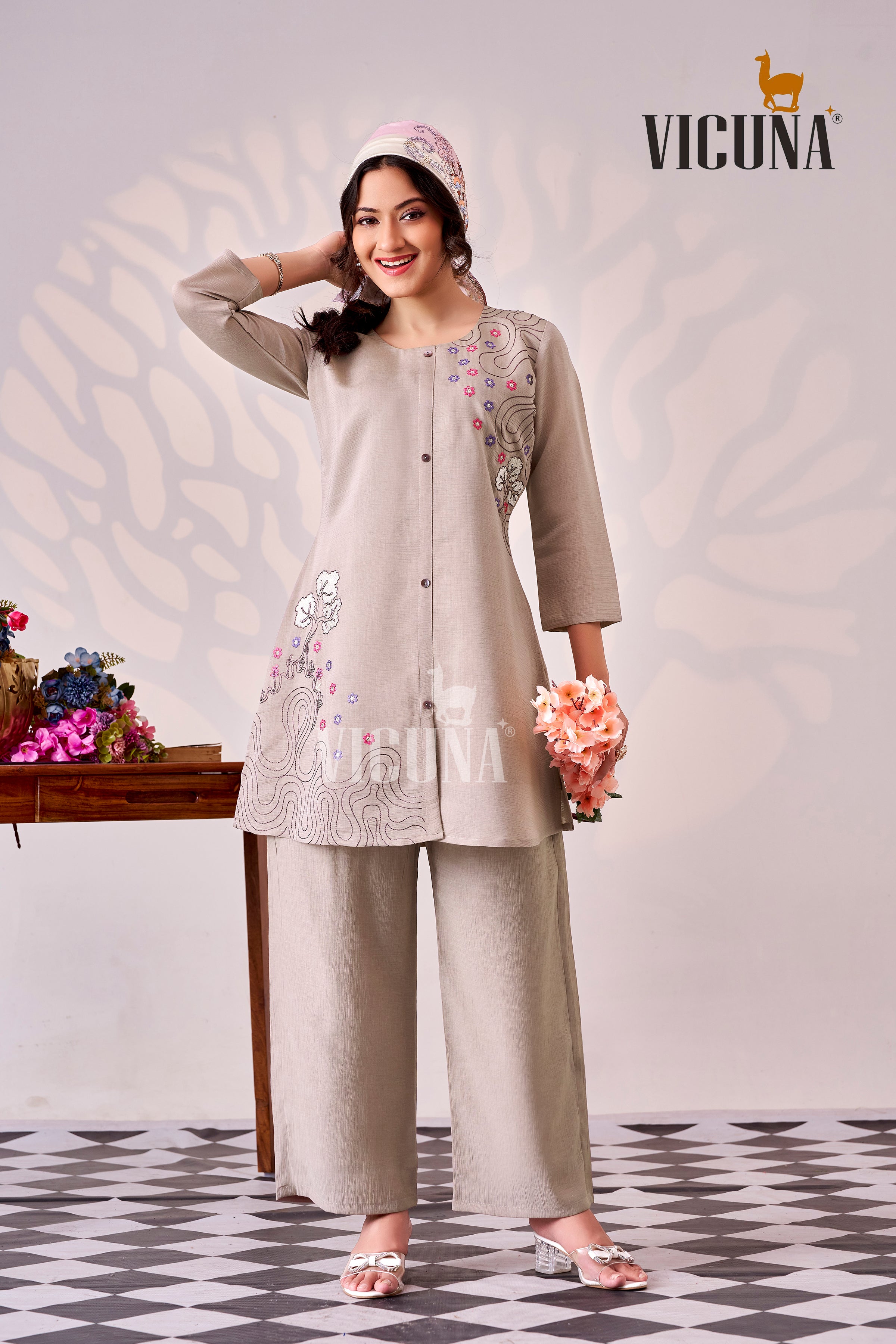 Gray Zara Wrinkle Embroidered Co-Ord Set