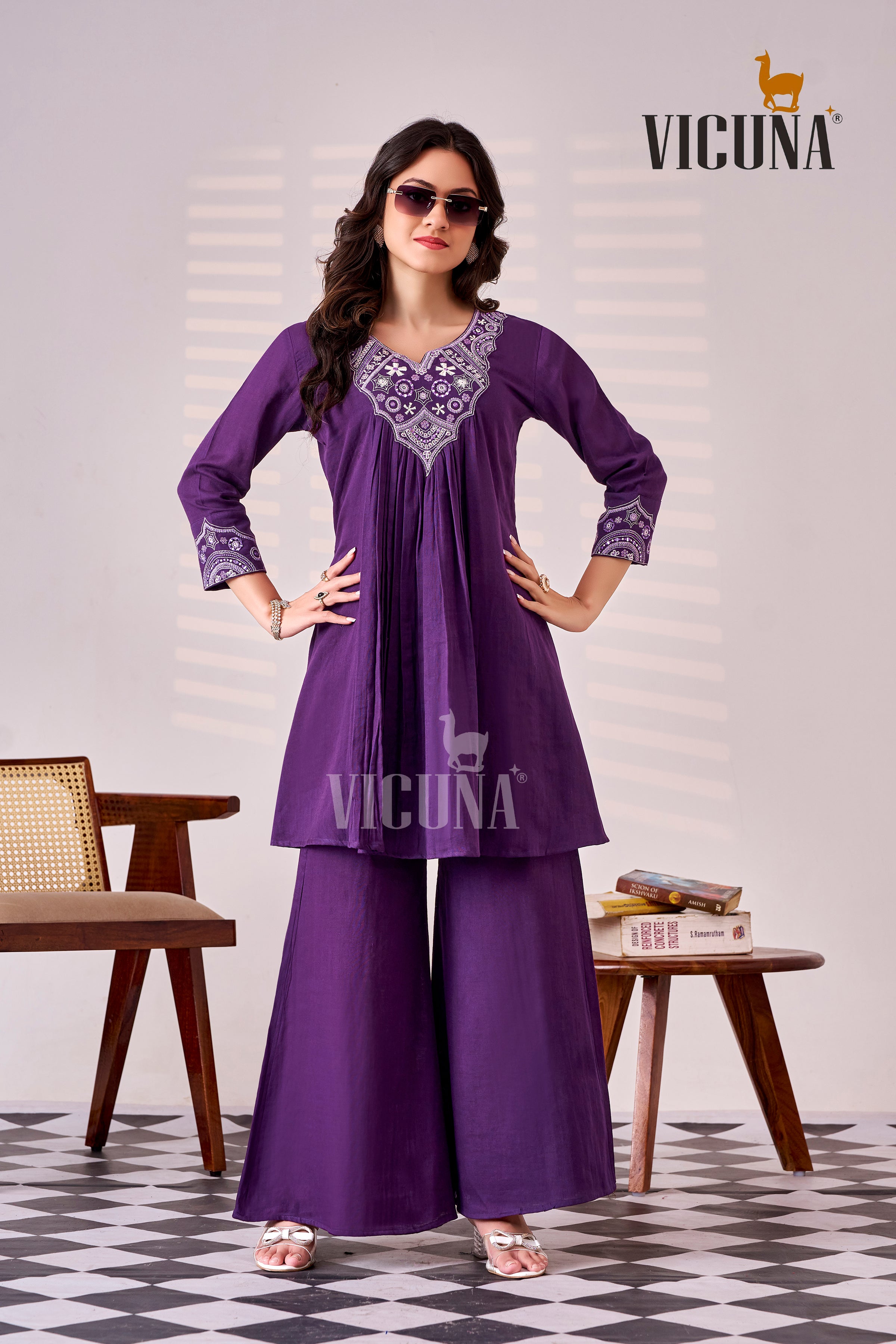 Purple Double Cloth Cotton Mirror Work Co-ord Set