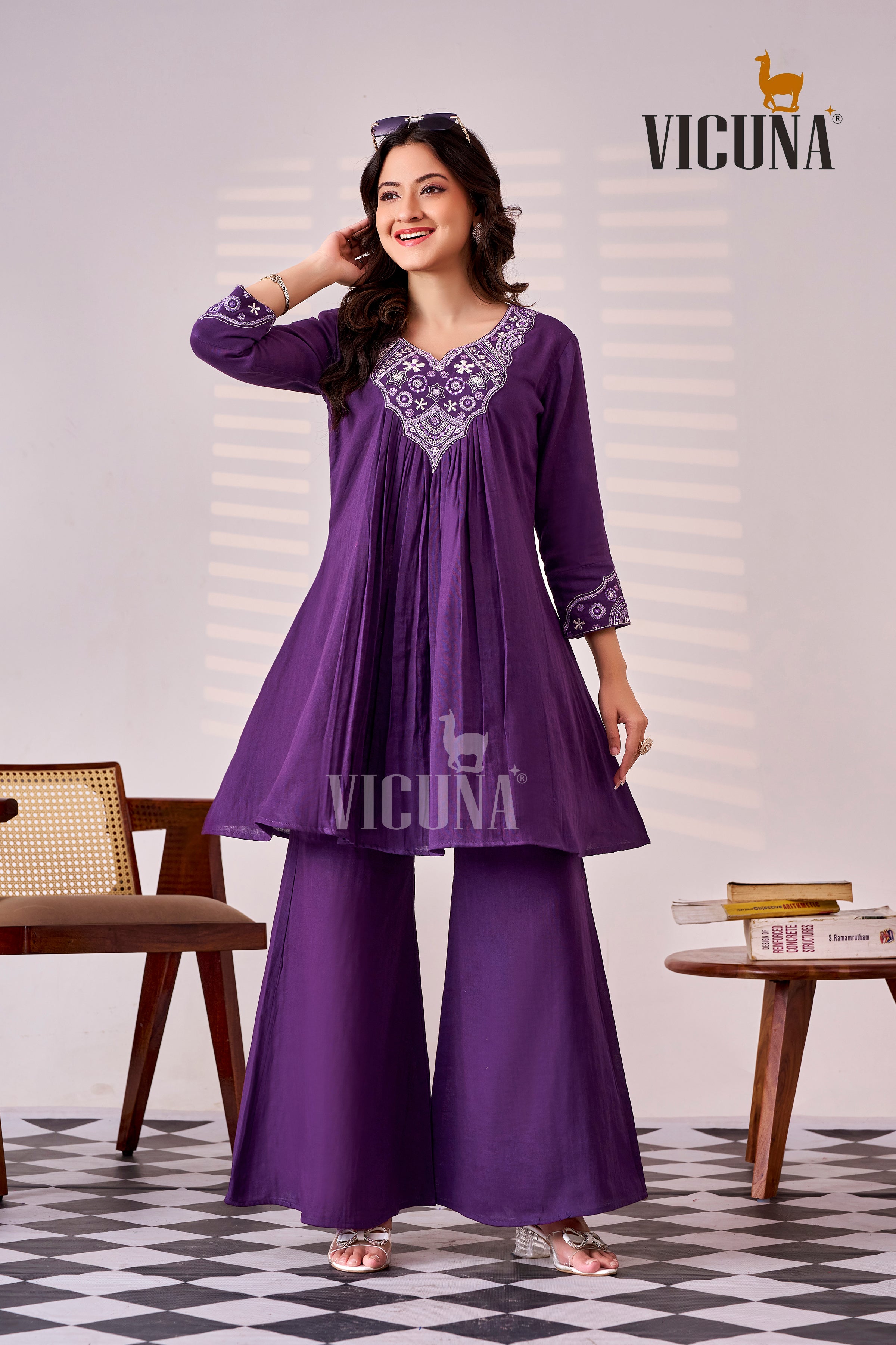 Purple Double Cloth Cotton Mirror Work Co-ord Set