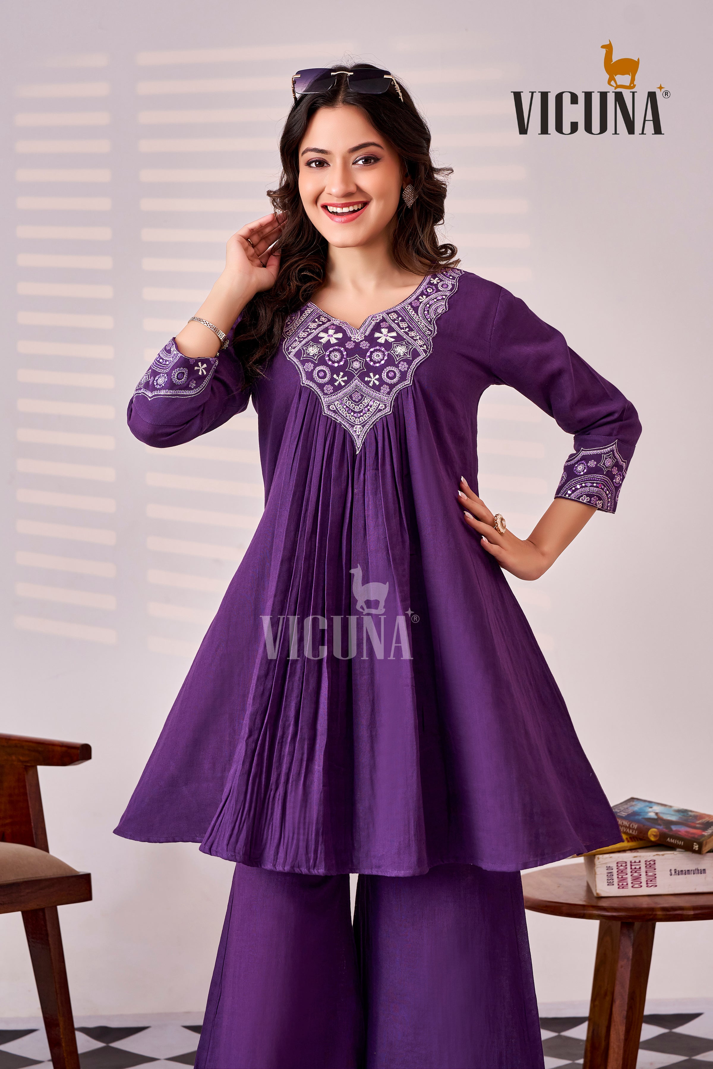 Purple Double Cloth Cotton Mirror Work Co-ord Set