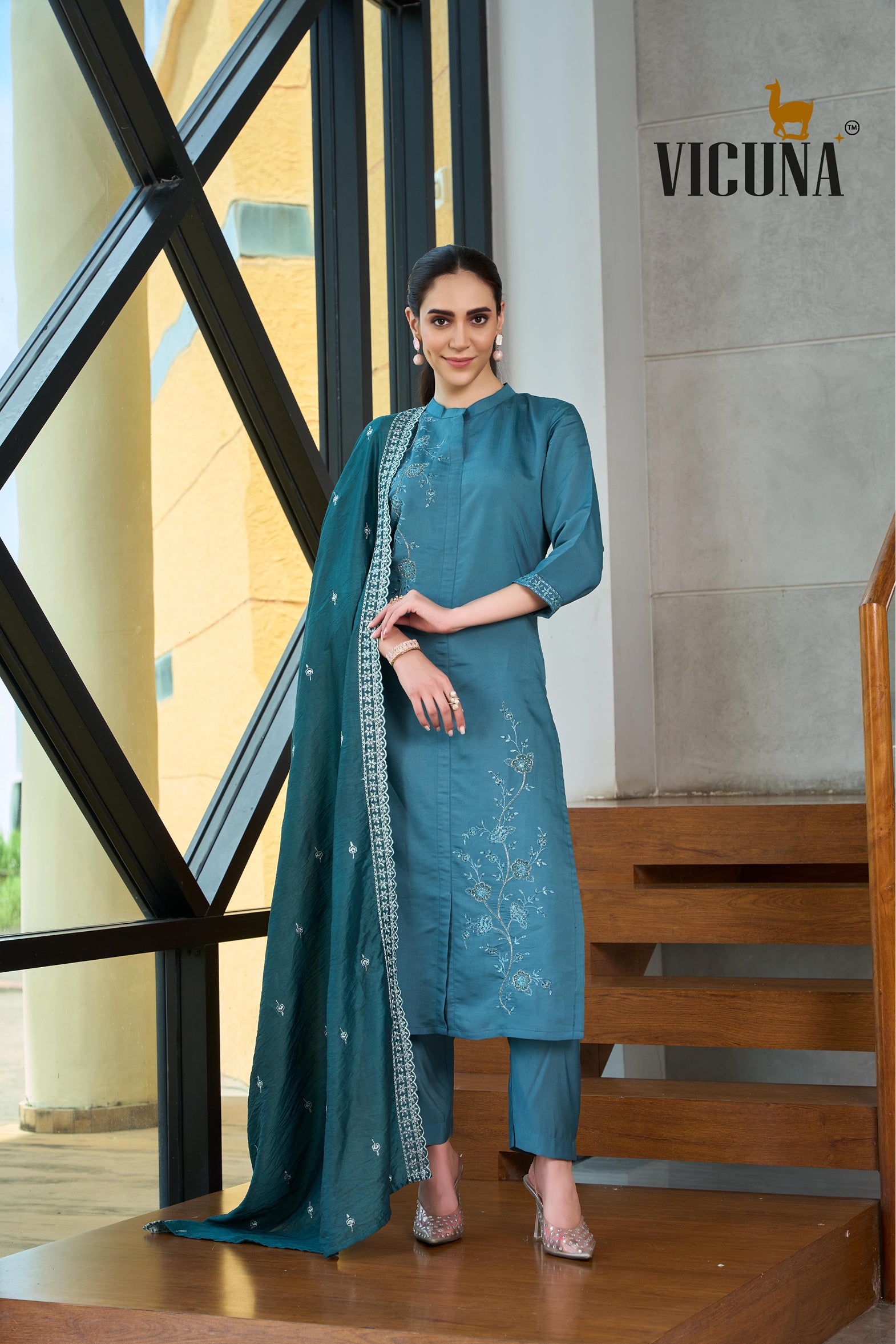 Roman Silk A-Line Embroidered Suit Set in Rama & Wine