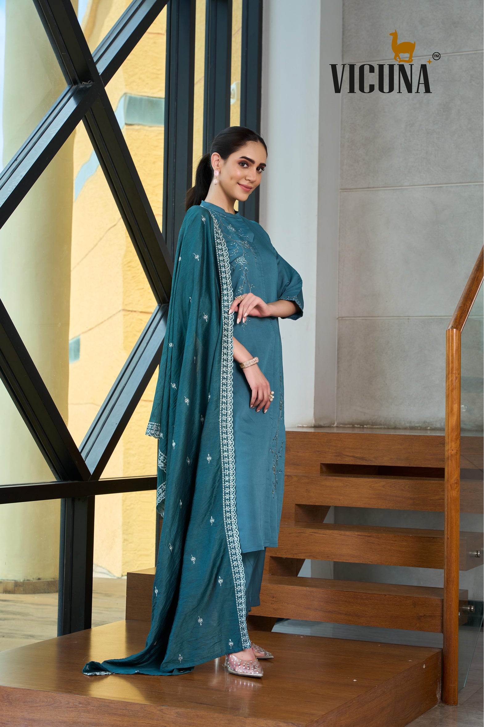Roman Silk A-Line Embroidered Suit Set in Rama & Wine