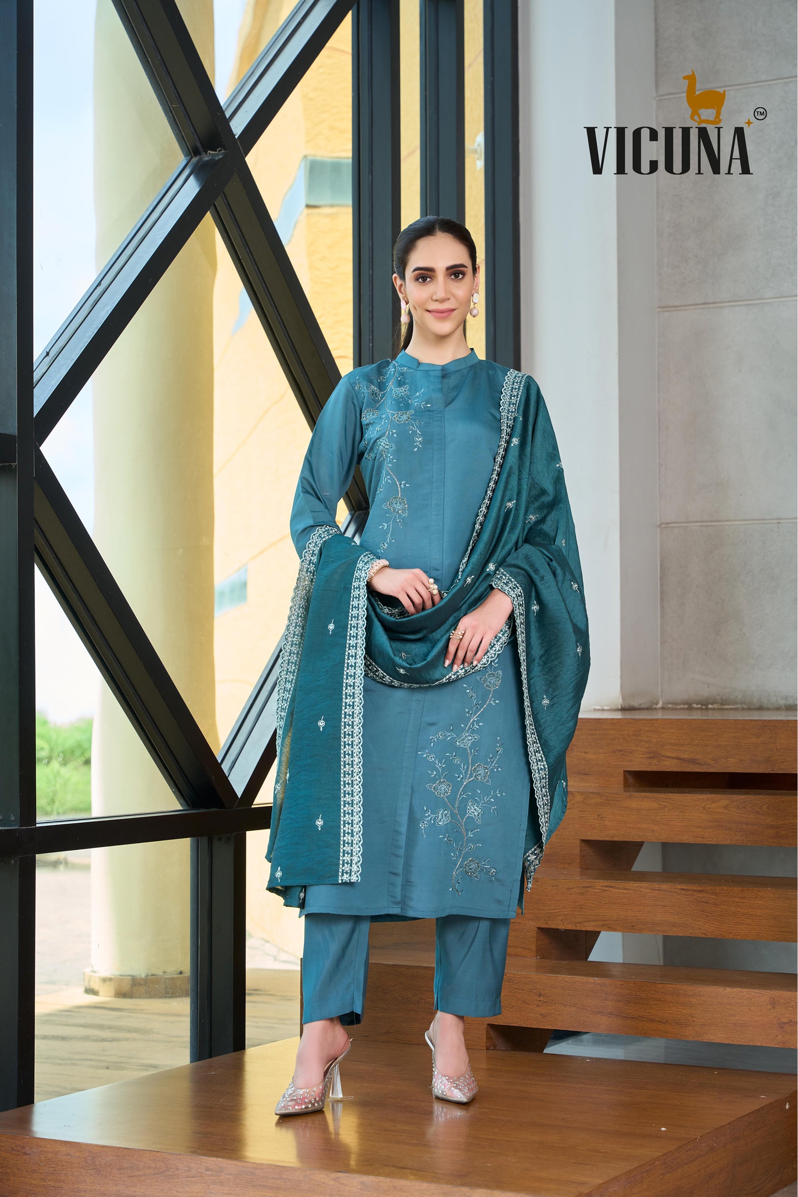 Roman Silk A-Line Embroidered Suit Set in Rama & Wine