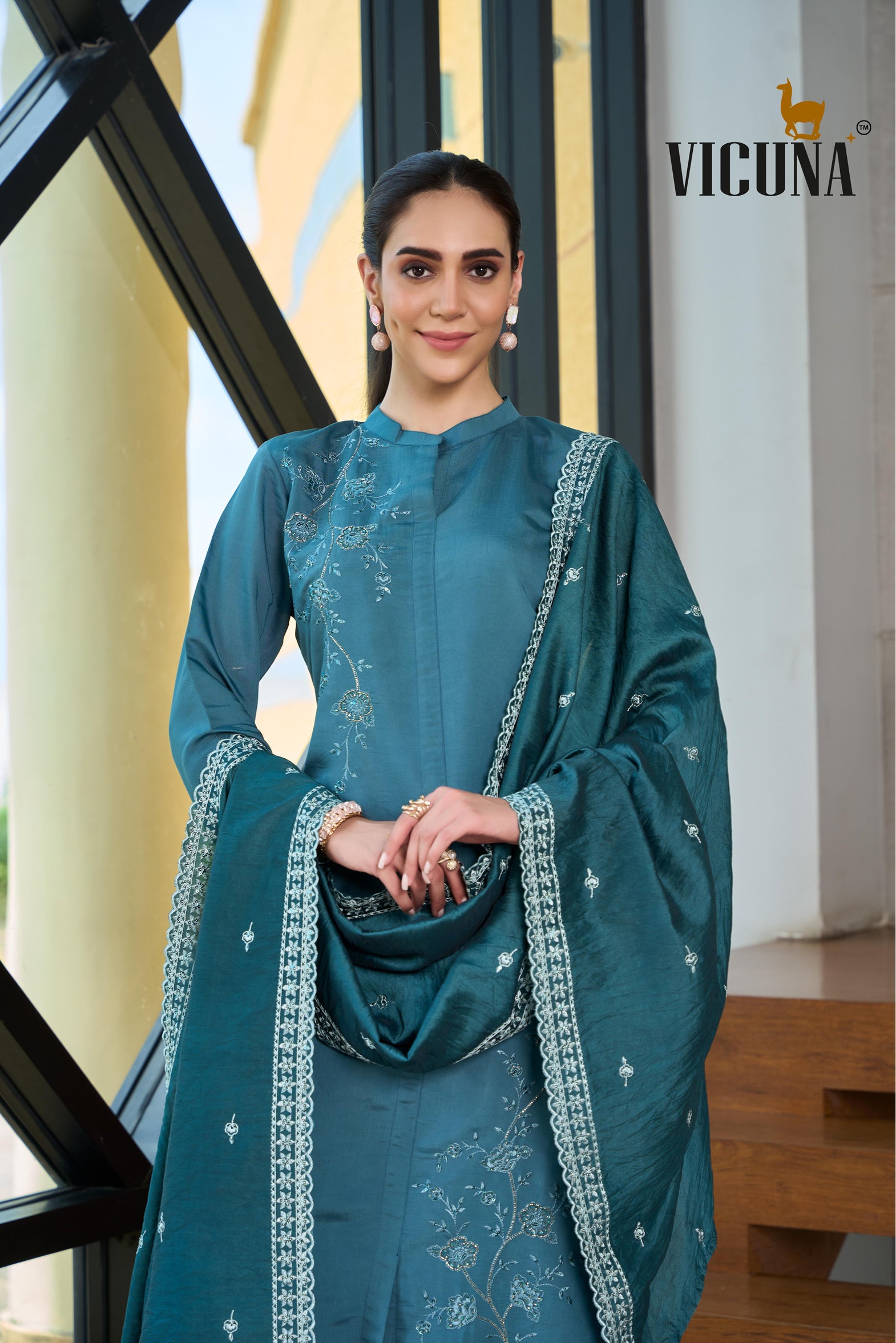 Roman Silk A-Line Embroidered Suit Set in Rama & Wine