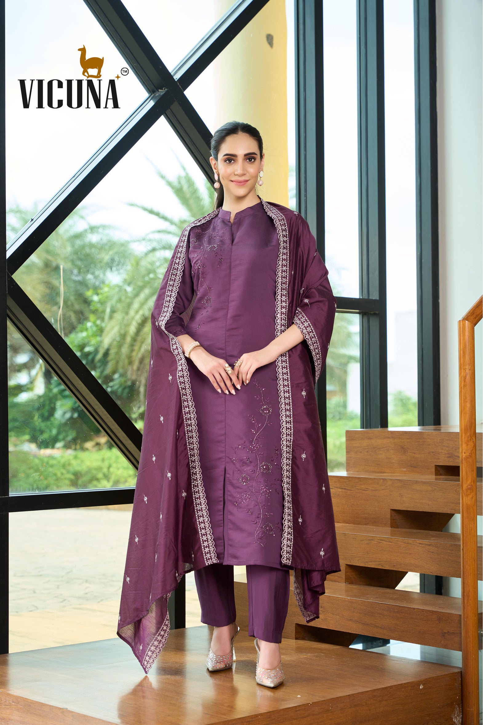 Roman Silk A-Line Embroidered Suit Set in Rama & Wine