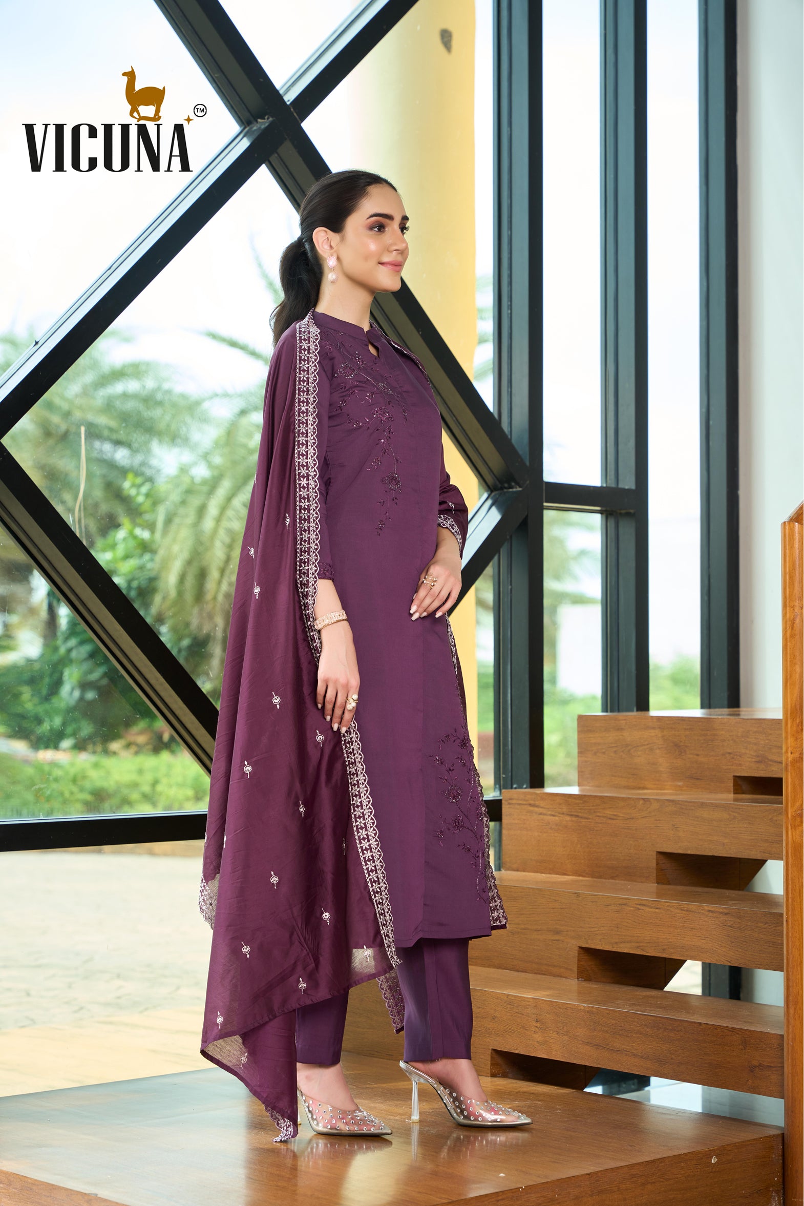 Roman Silk A-Line Embroidered Suit Set in Rama & Wine