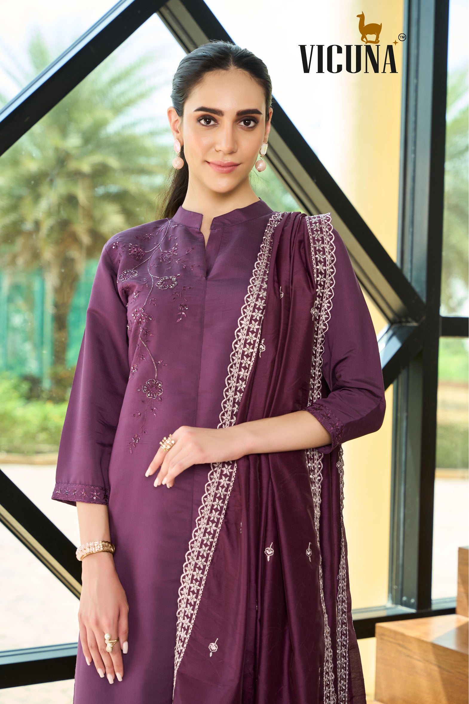 Roman Silk A-Line Embroidered Suit Set in Rama & Wine