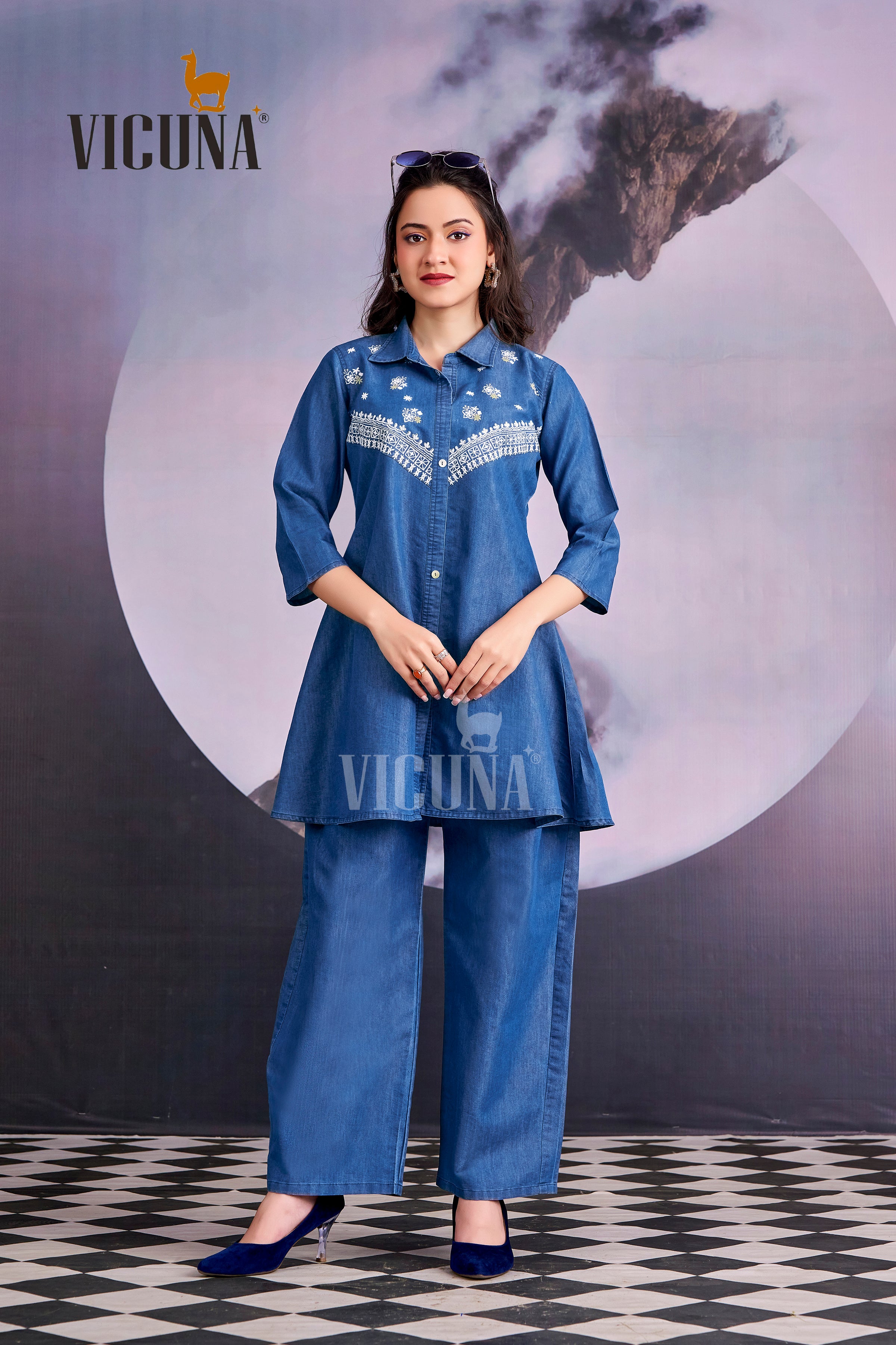 Blue Denim Embroidered Co-Ord Set