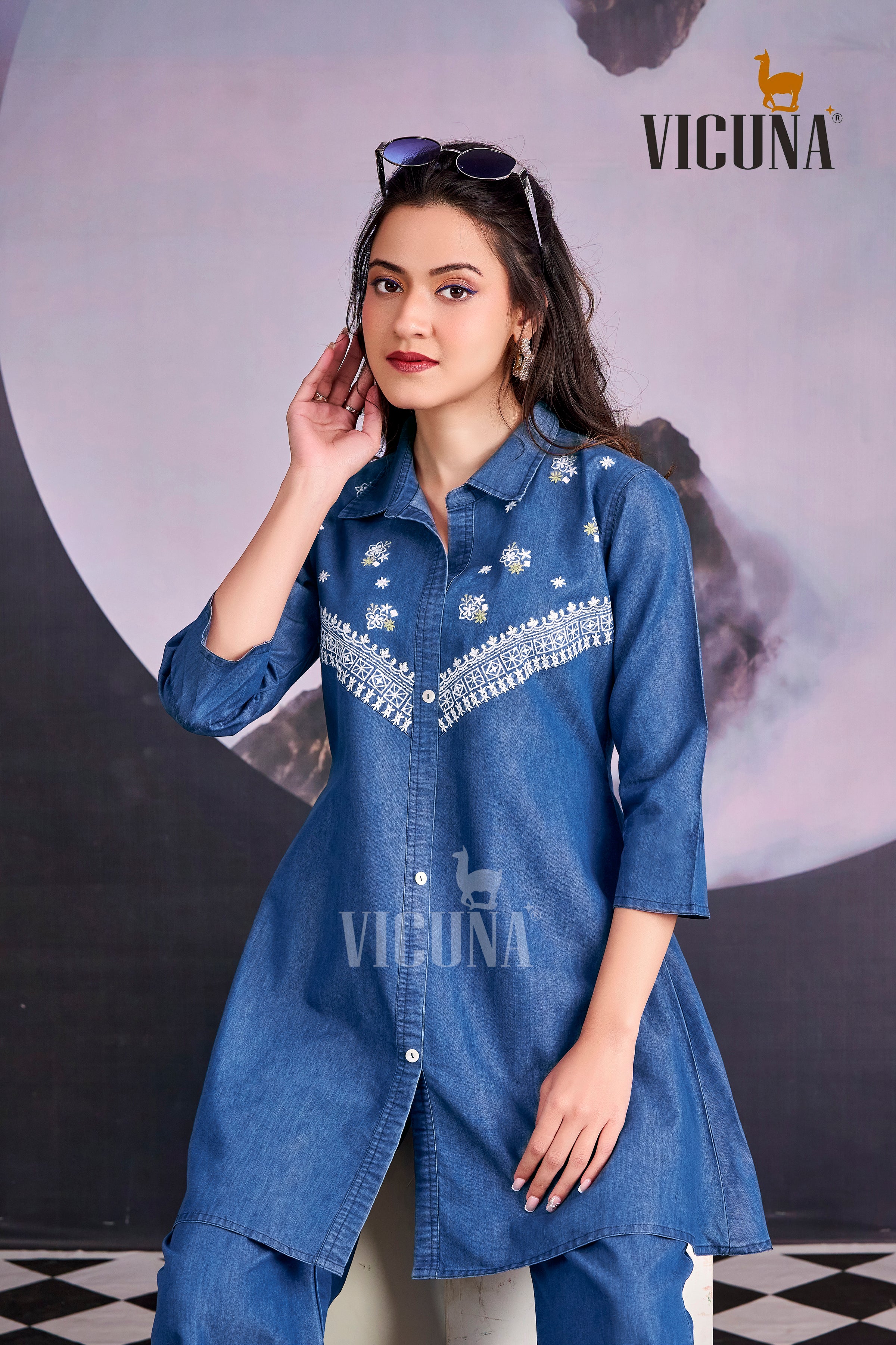Blue Denim Embroidered Co-Ord Set