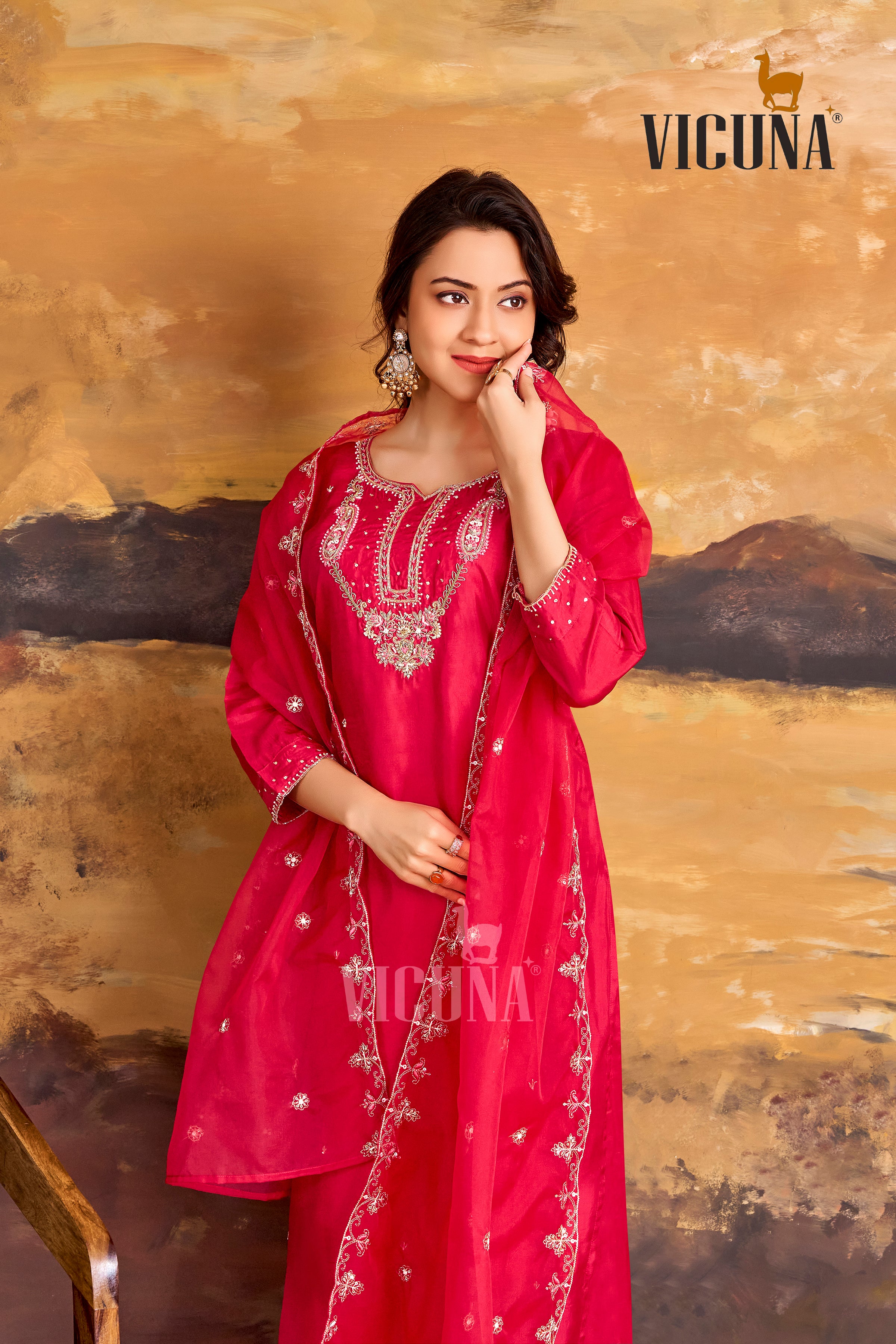 Viscose Upada Handcrafted Suit Set with Organza Dupatta in