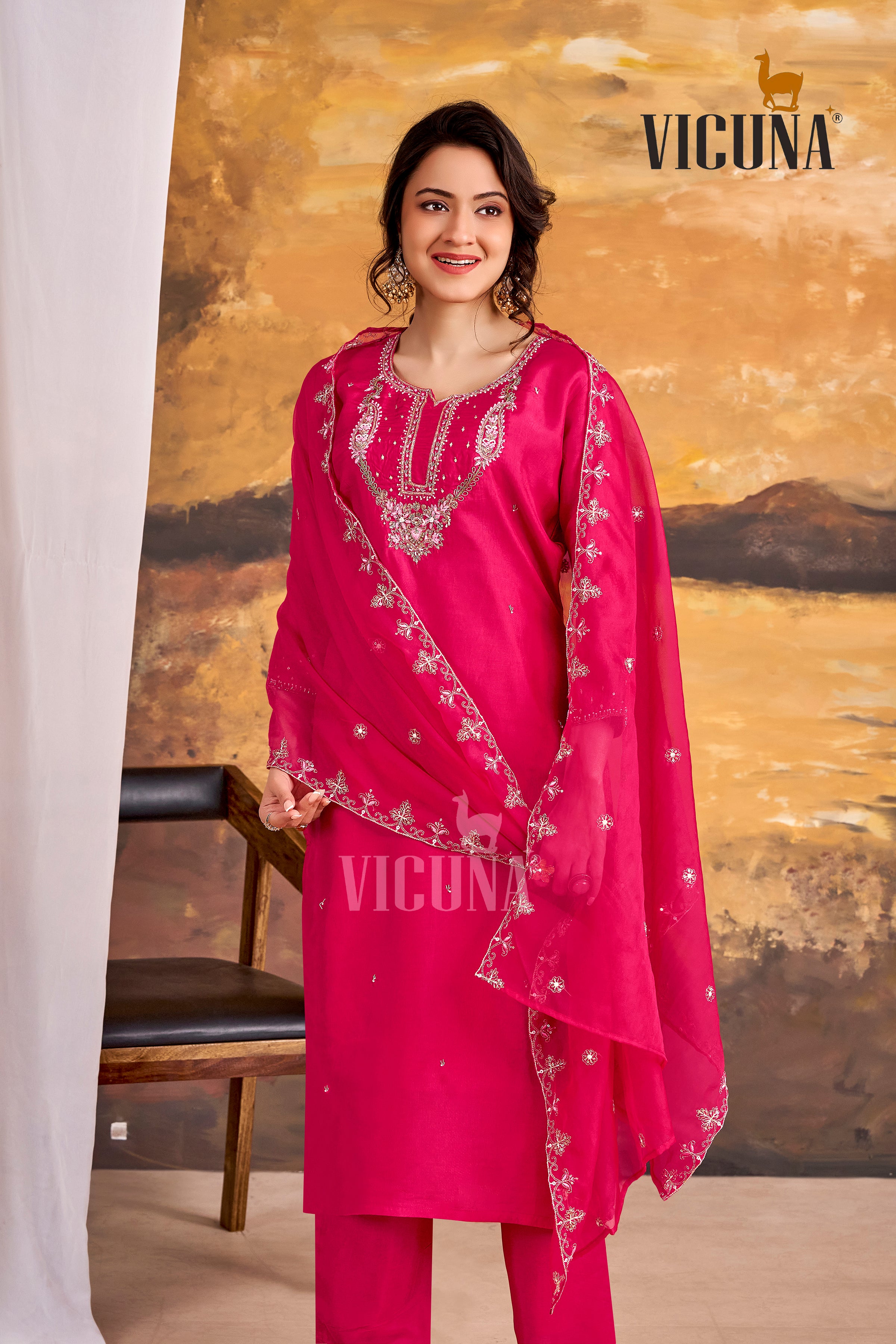 Viscose Upada Handcrafted Suit Set with Organza Dupatta in