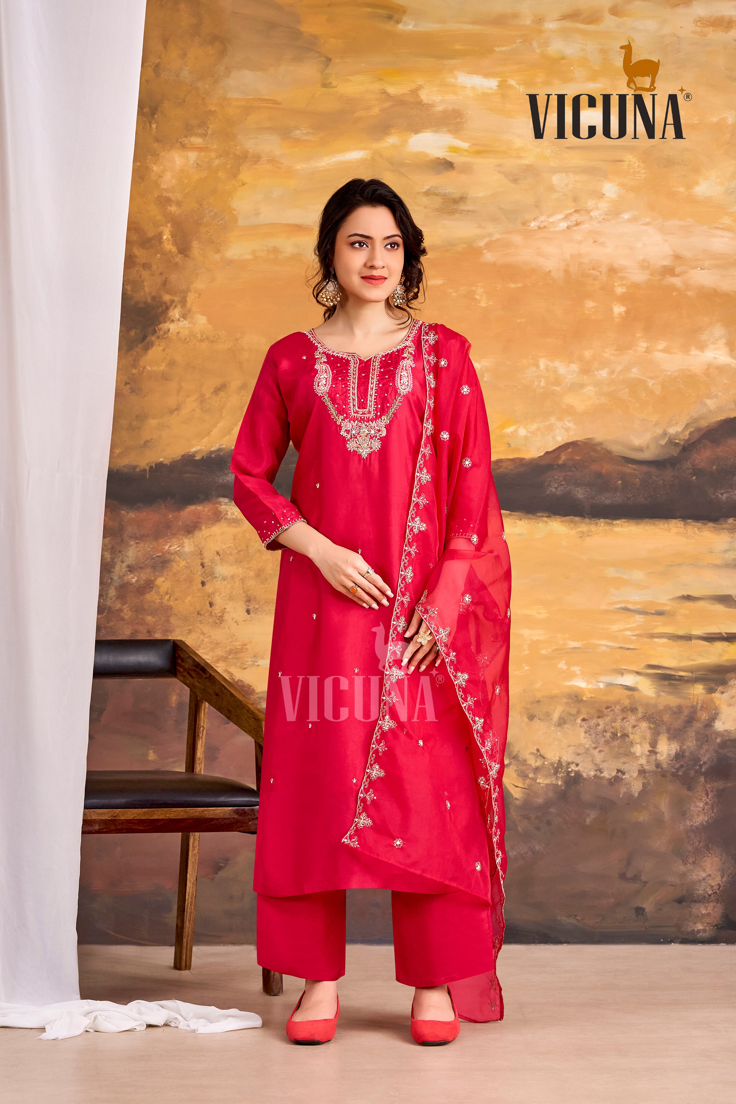 Viscose Upada Handcrafted Suit Set with Organza Dupatta in
