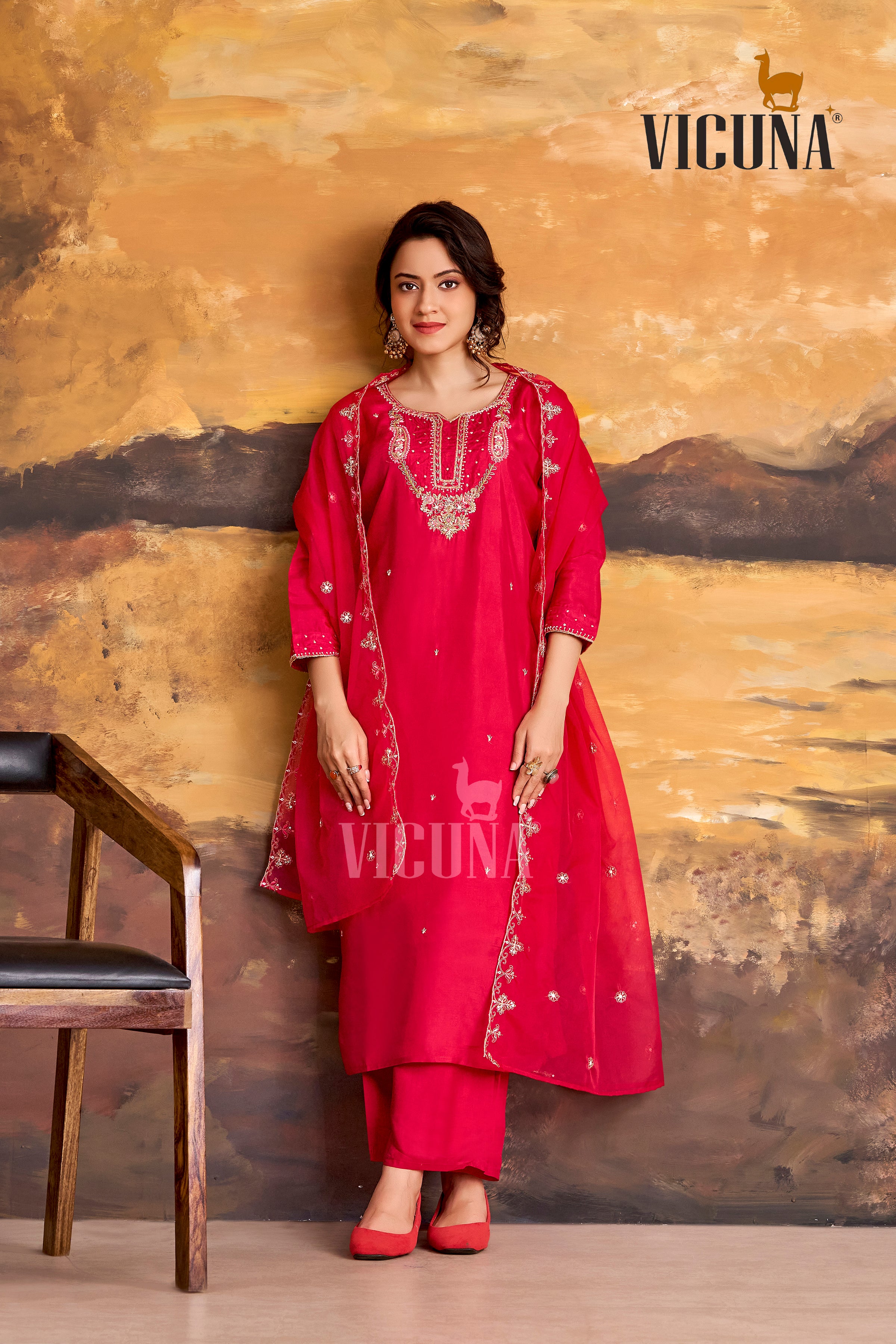 Viscose Upada Handcrafted Suit Set with Organza Dupatta in