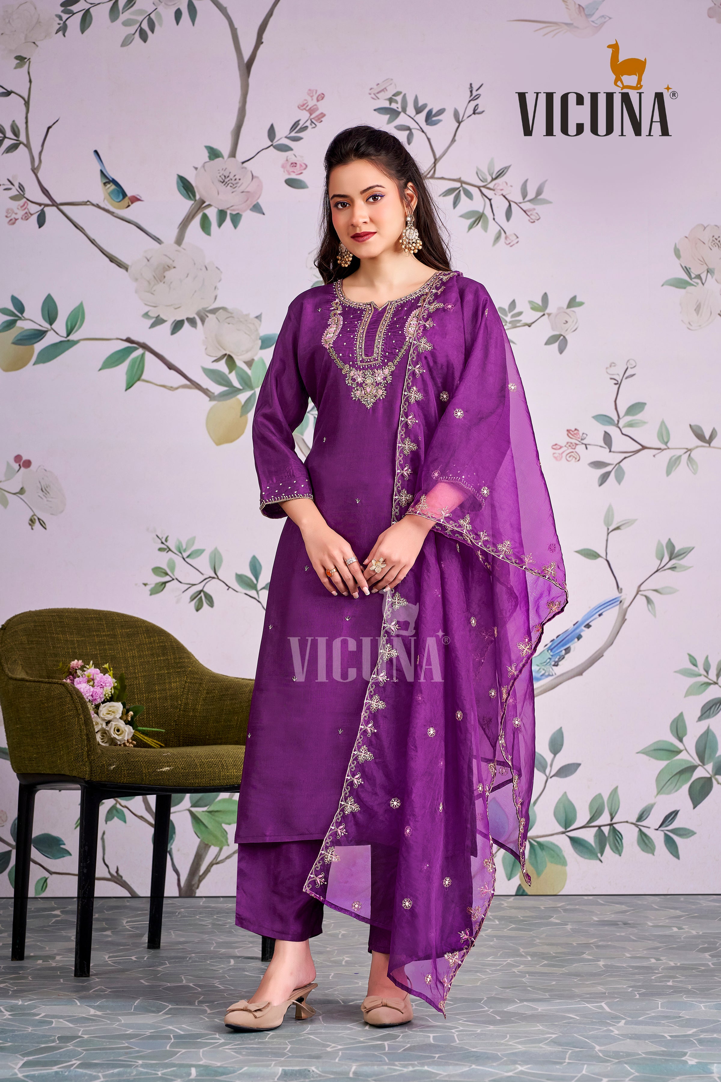Viscose Upada Handcrafted Suit Set with Organza Dupatta in