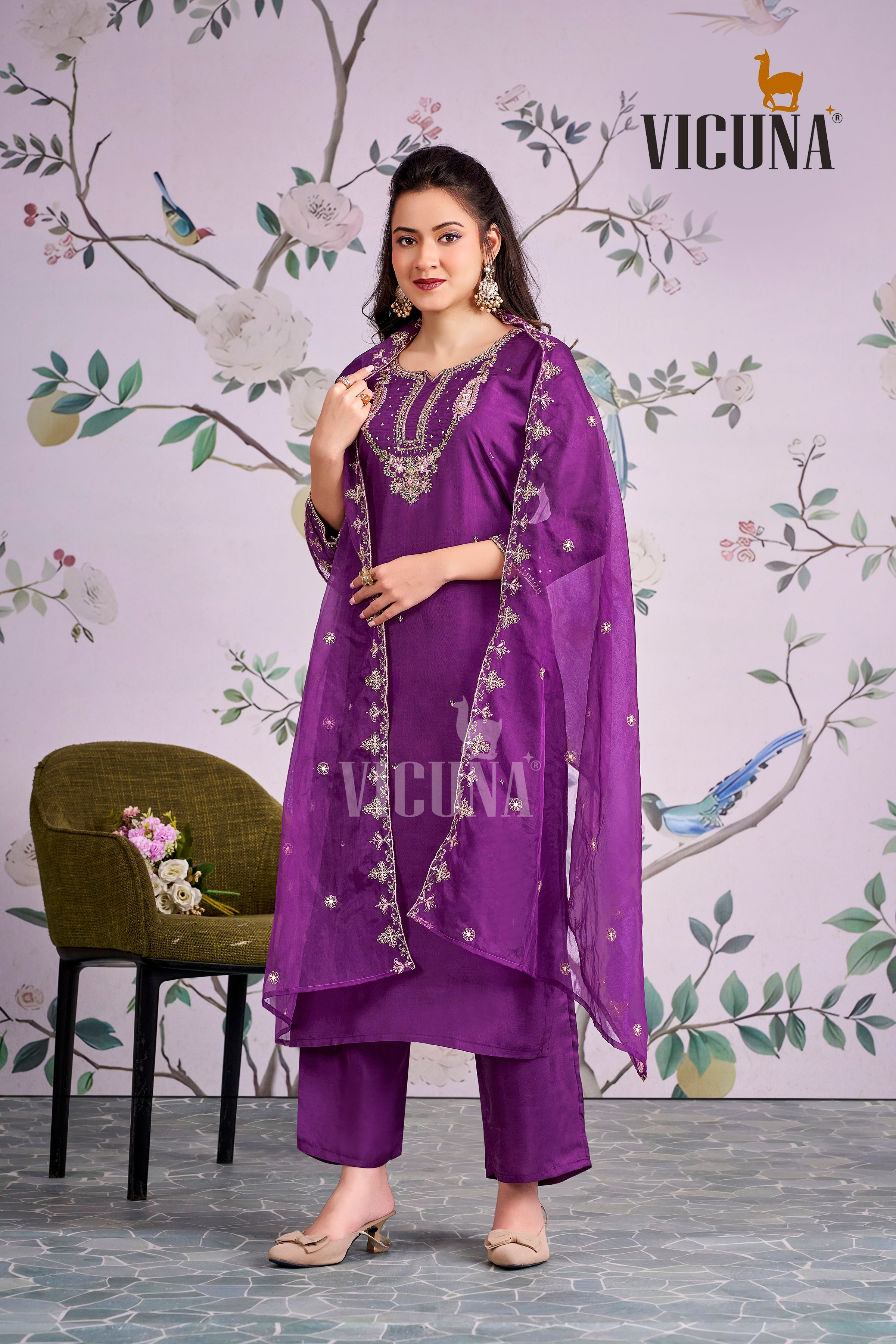 Viscose Upada Handcrafted Suit Set with Organza Dupatta in