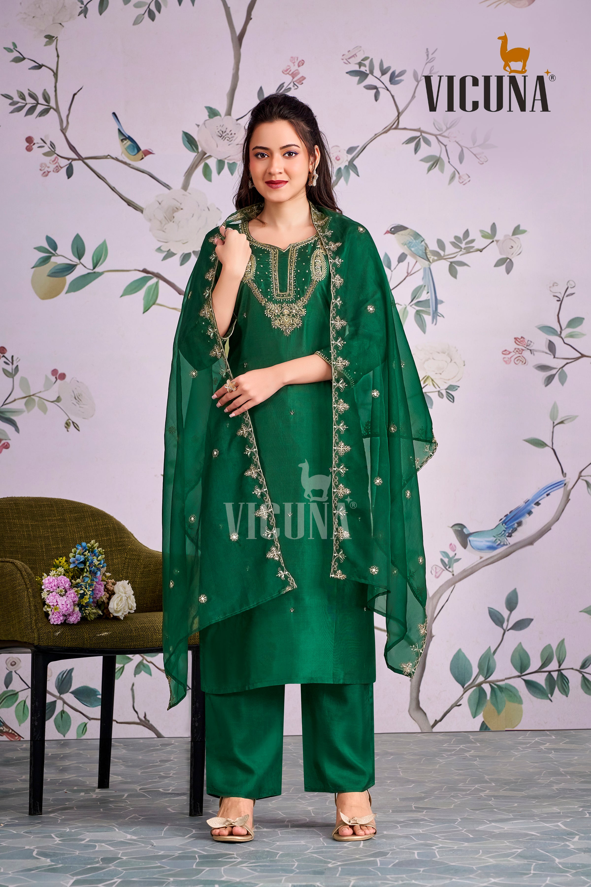 Viscose Upada Handcrafted Suit Set with Organza Dupatta in