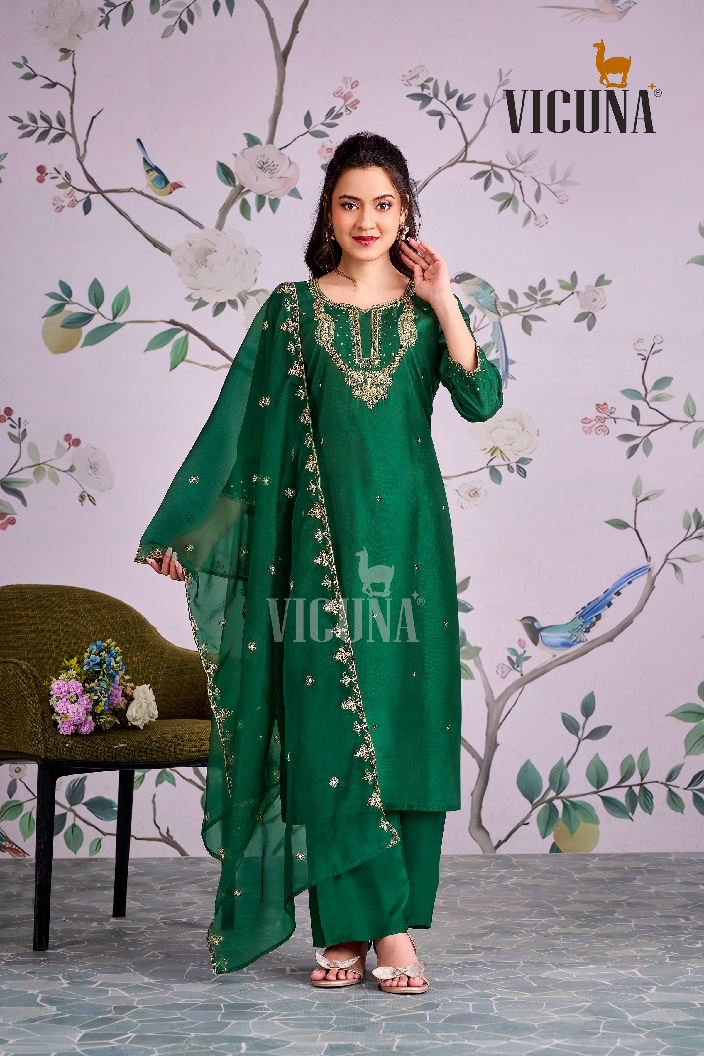 Viscose Upada Handcrafted Suit Set with Organza Dupatta in
