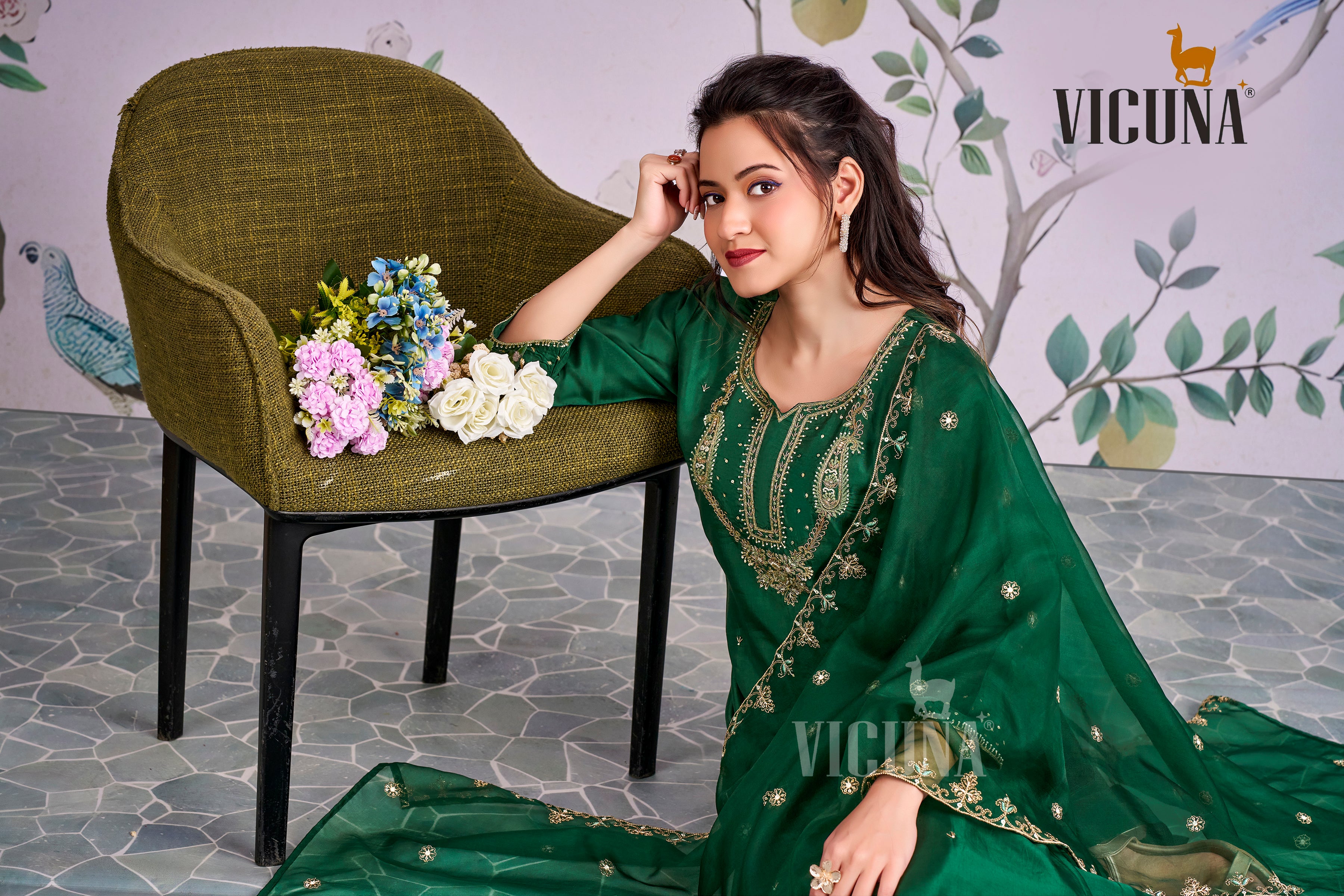 Viscose Upada Handcrafted Suit Set with Organza Dupatta in