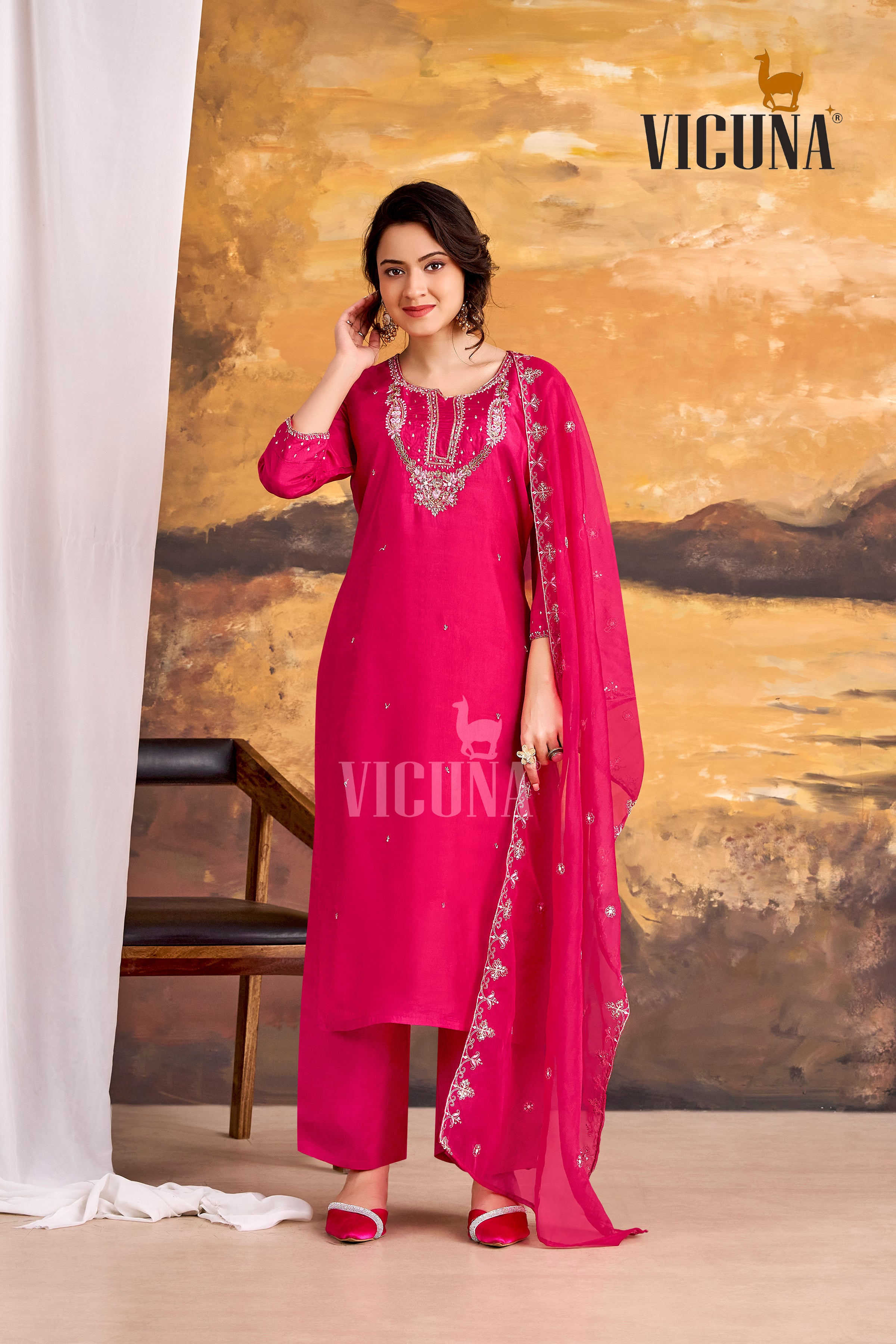 Viscose Upada Handcrafted Suit Set with Organza Dupatta in