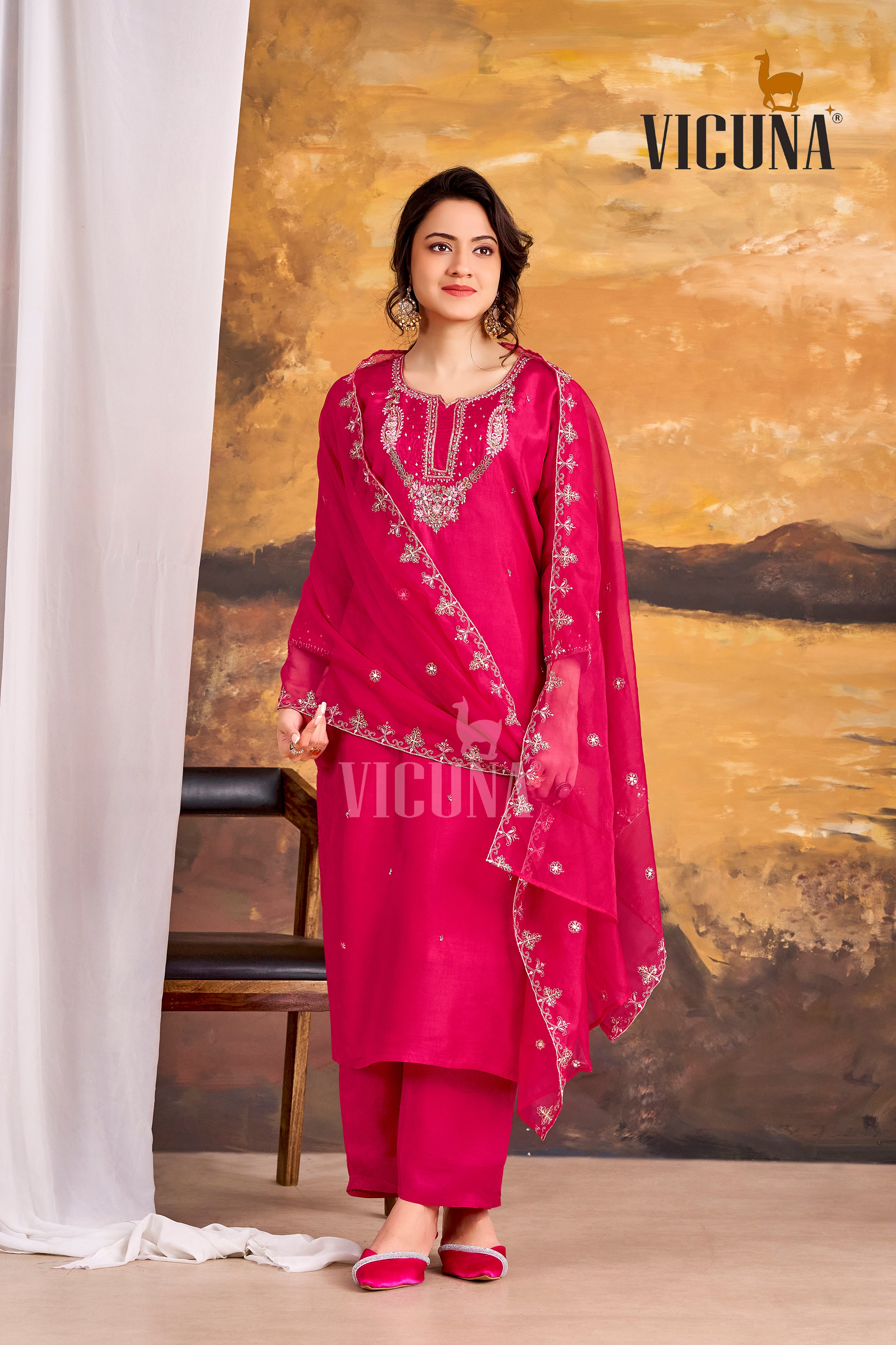 Viscose Upada Handcrafted Suit Set with Organza Dupatta in