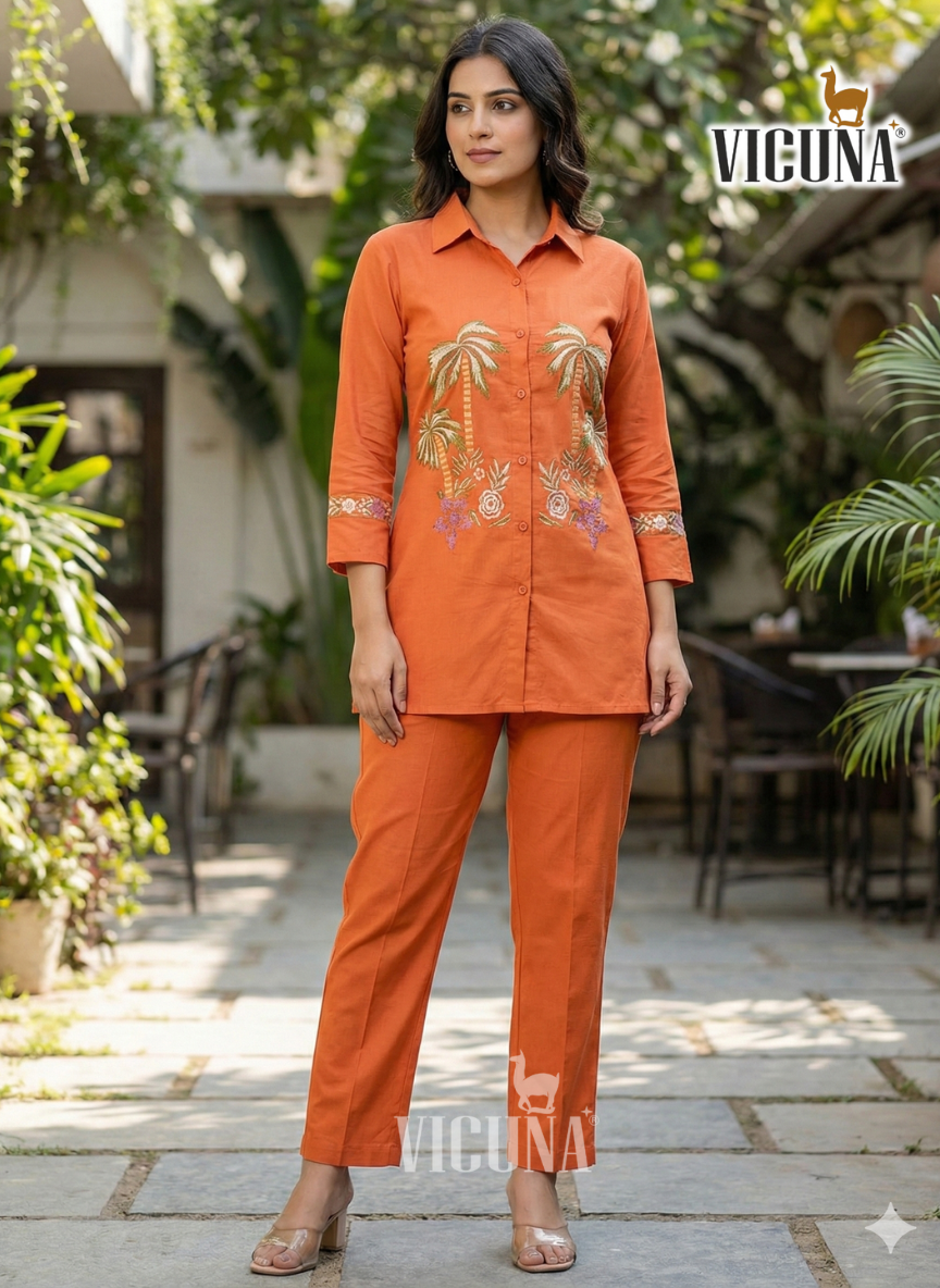 Chanderi Embroidered Co-ord Set in Orange & Pink