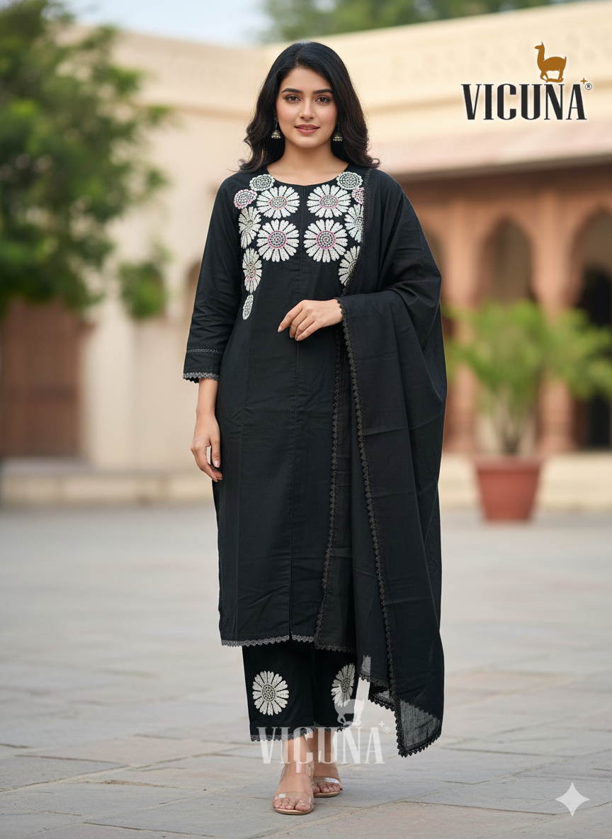 Mal Cotton Embroidered Suit Set with Lace Dupatta IN BLACK & WHITE
