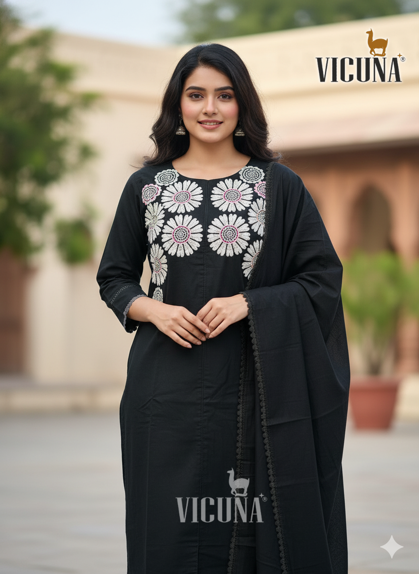 Mal Cotton Embroidered Suit Set with Lace Dupatta IN BLACK & WHITE
