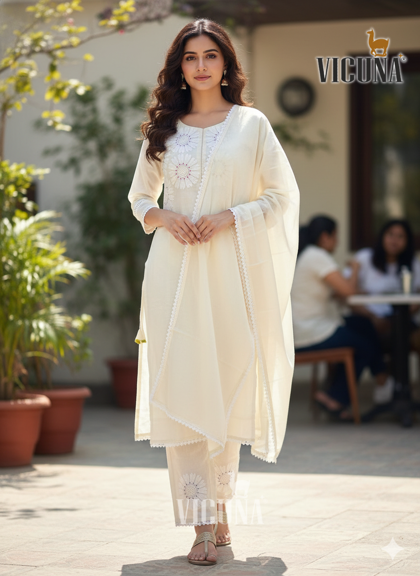 Mal Cotton Embroidered Suit Set with Lace Dupatta IN BLACK & WHITE