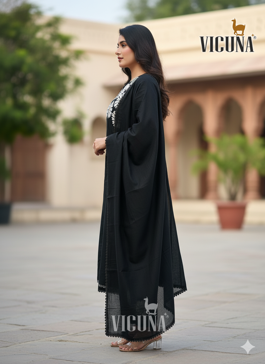 Mal Cotton Embroidered Suit Set with Lace Dupatta IN BLACK & WHITE