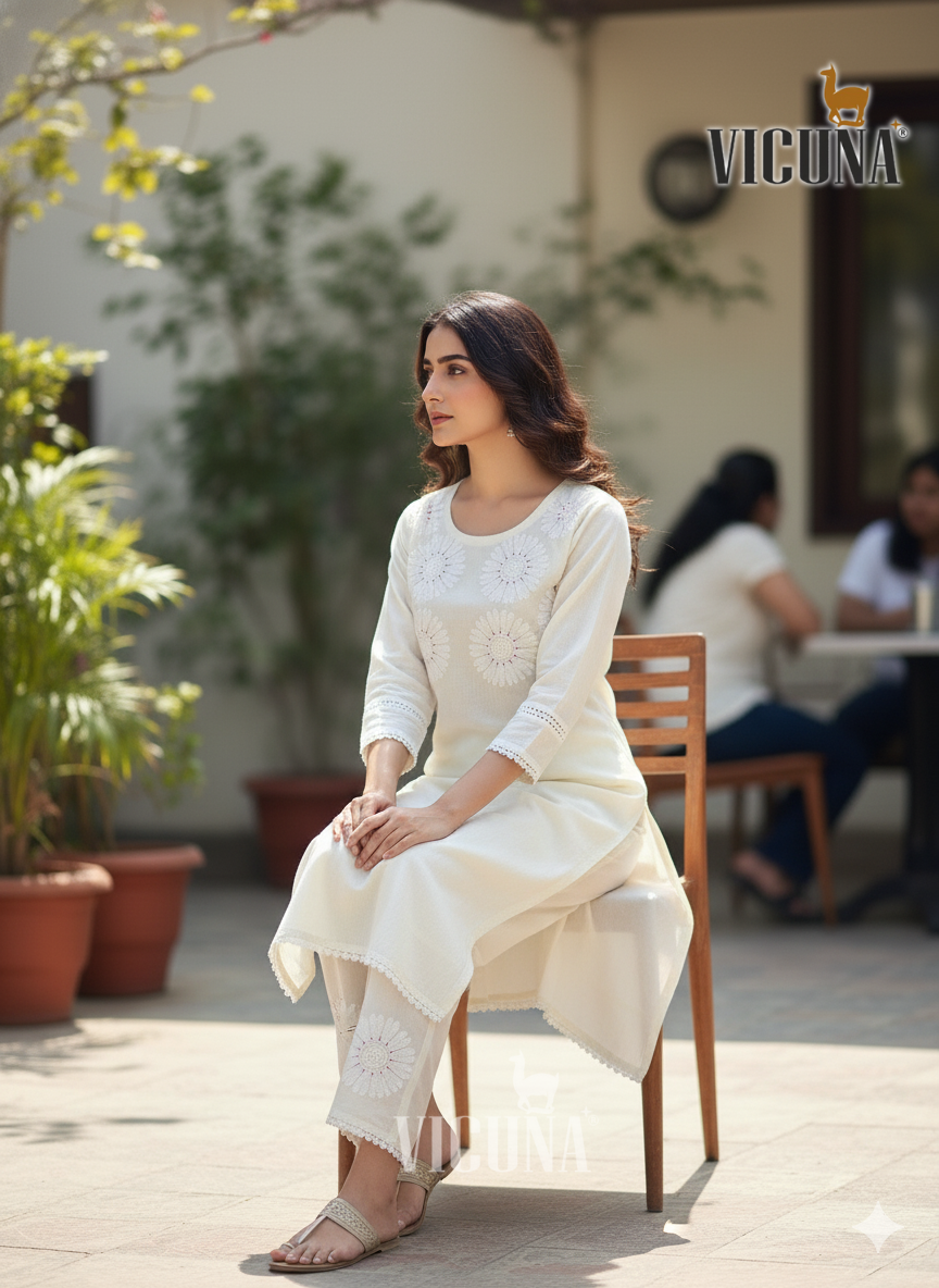 Mal Cotton Embroidered Suit Set with Lace Dupatta IN BLACK & WHITE