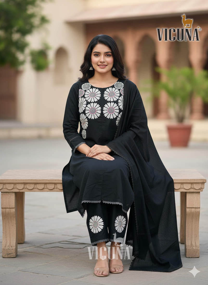 Mal Cotton Embroidered Suit Set with Lace Dupatta IN BLACK & WHITE