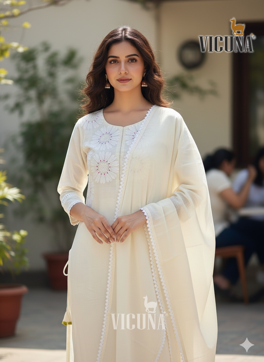 Mal Cotton Embroidered Suit Set with Lace Dupatta IN BLACK & WHITE