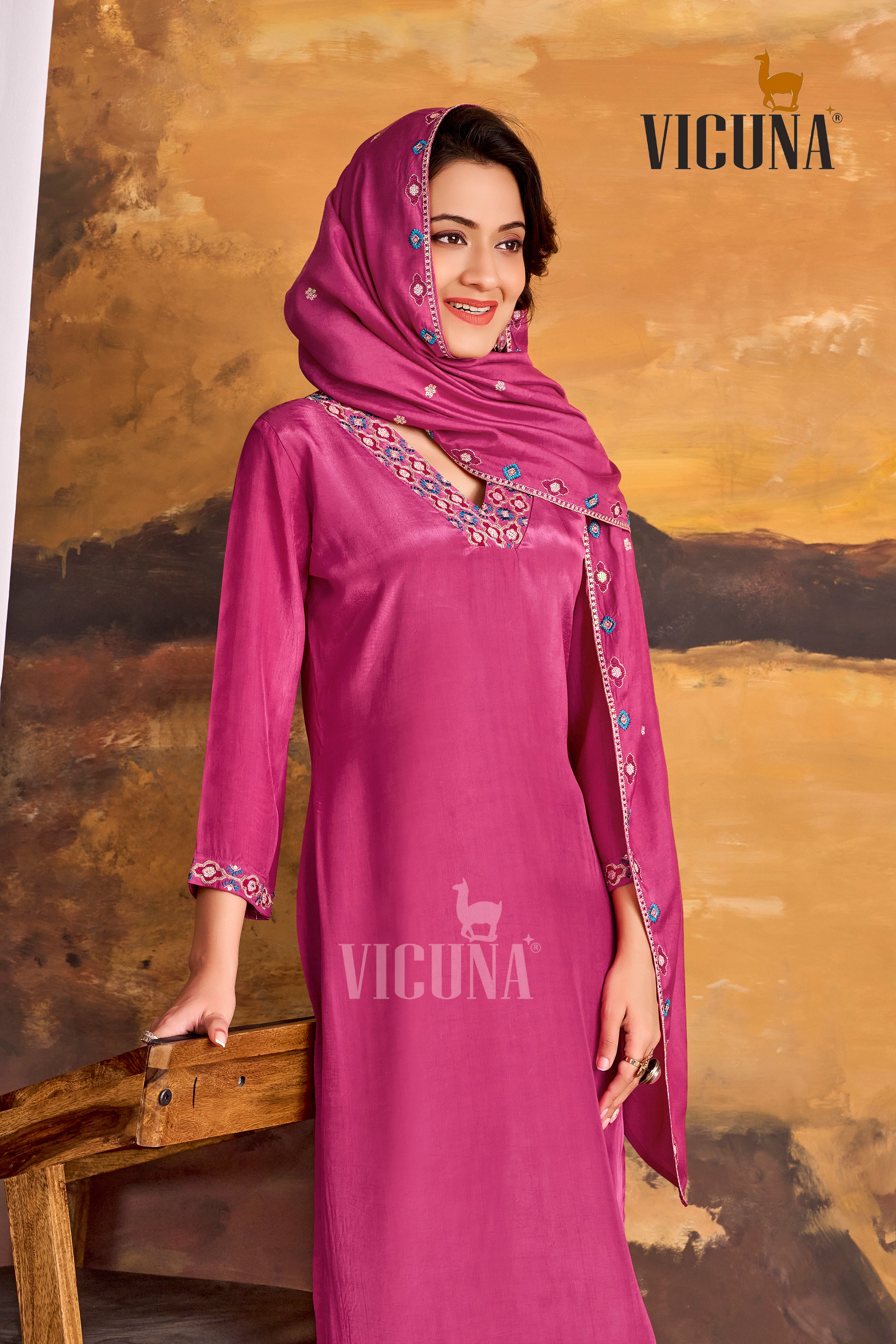 Natural Crepe Embroidered Suit Set in Pink