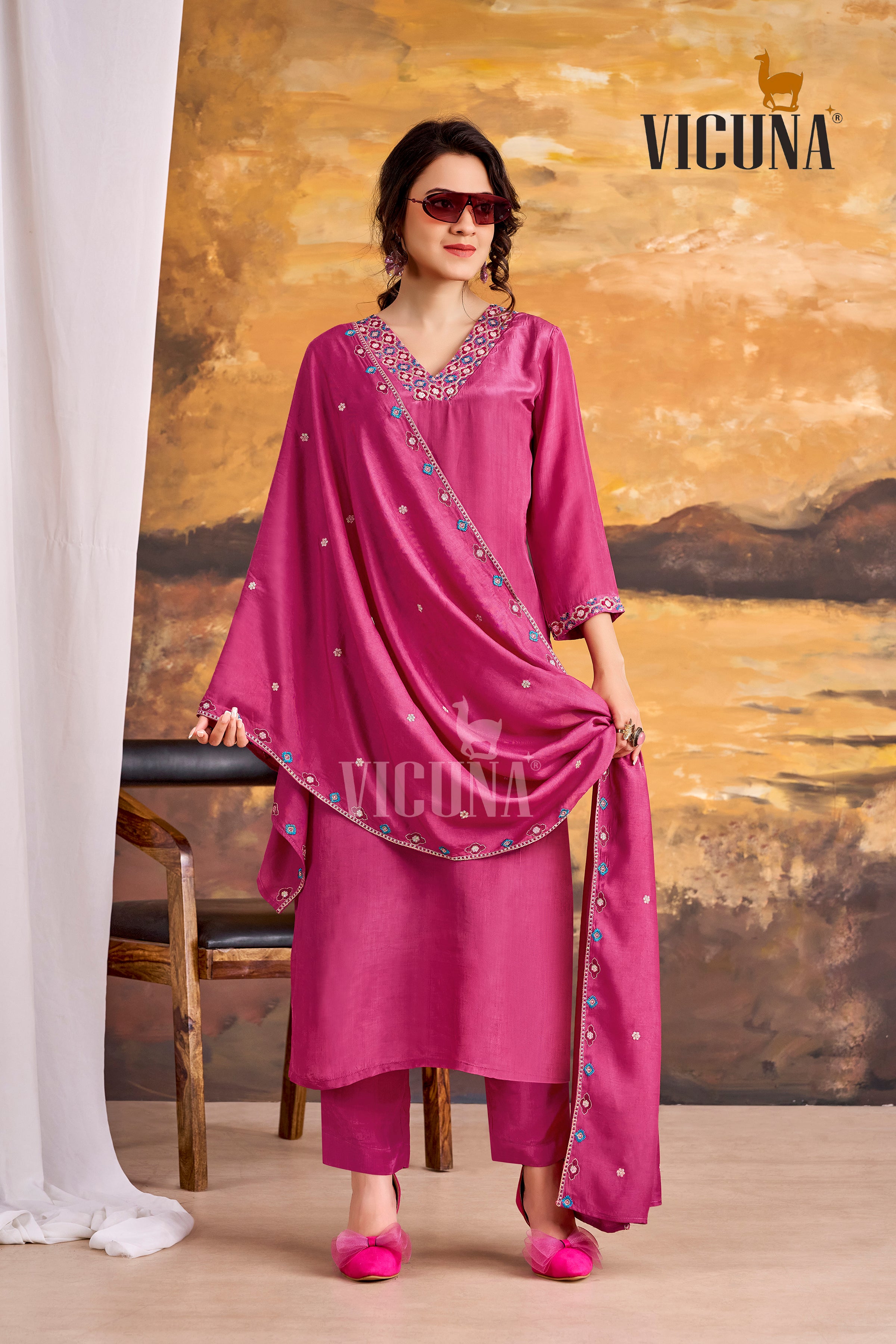 Natural Crepe Embroidered Suit Set in Pink