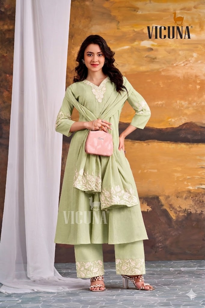 Pure Cotton Embroidered Suit Set in Chiku & Pista