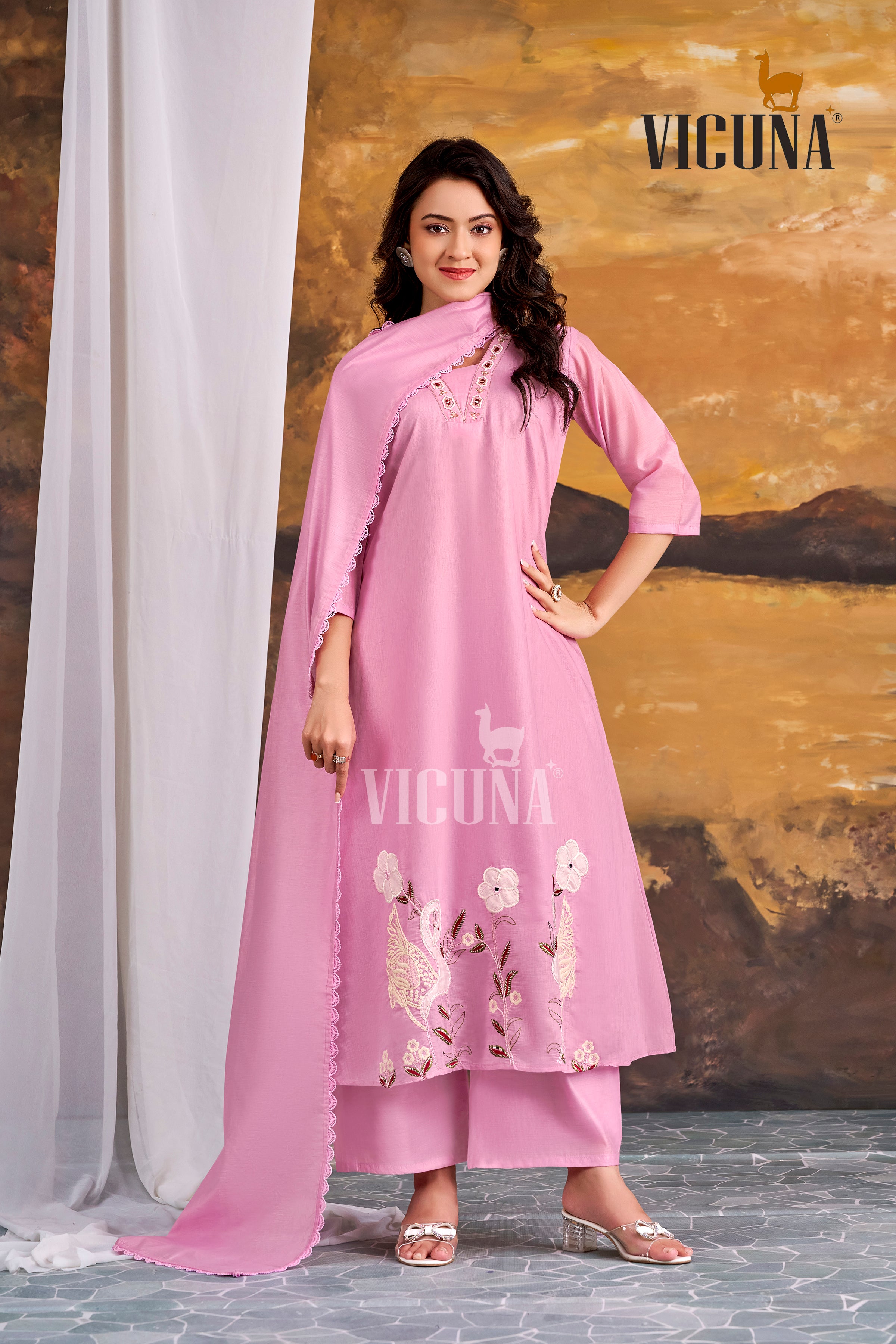 Baby Pink Mal Chanderi Handcrafted Suit Set