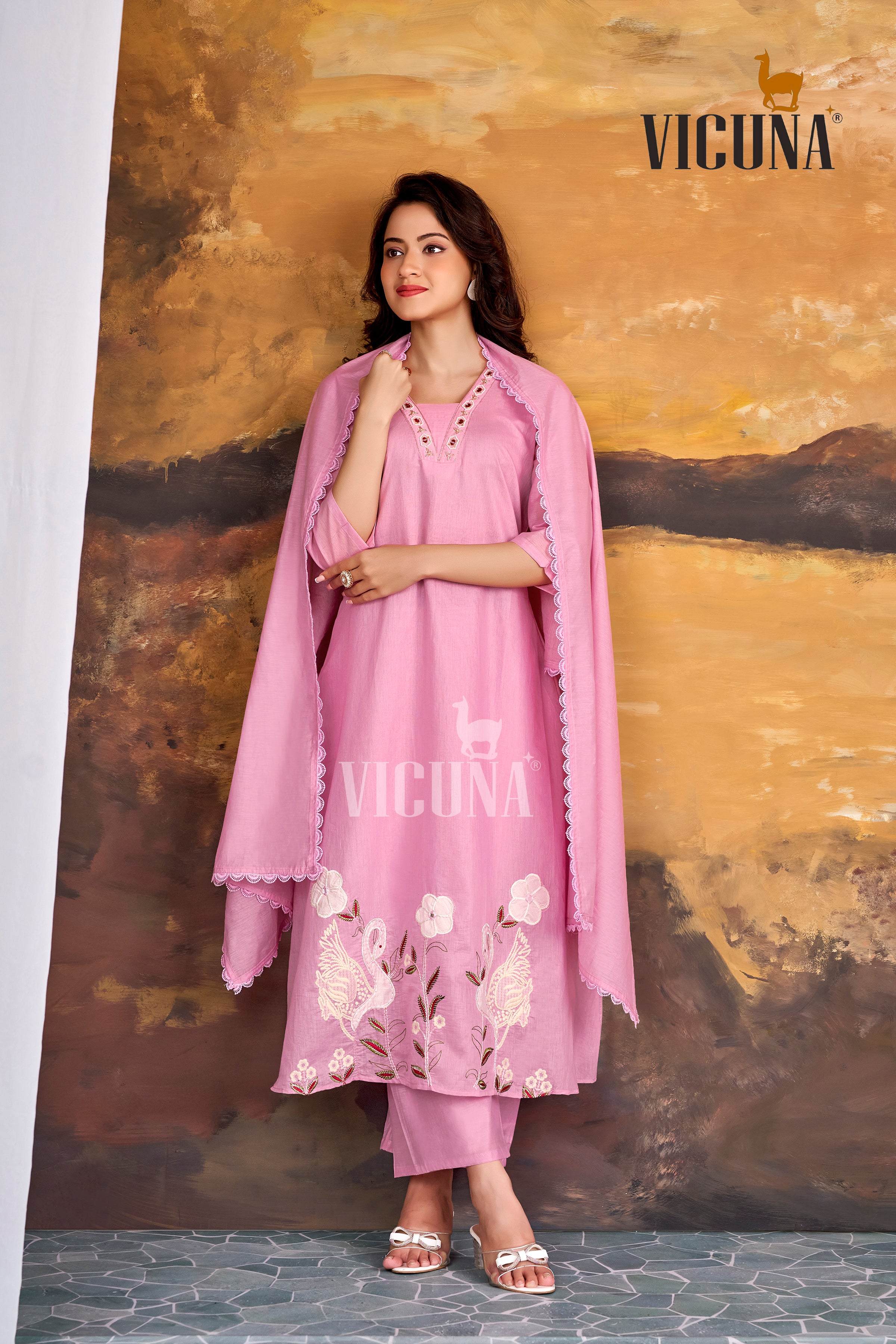 Baby Pink Mal Chanderi Handcrafted Suit Set