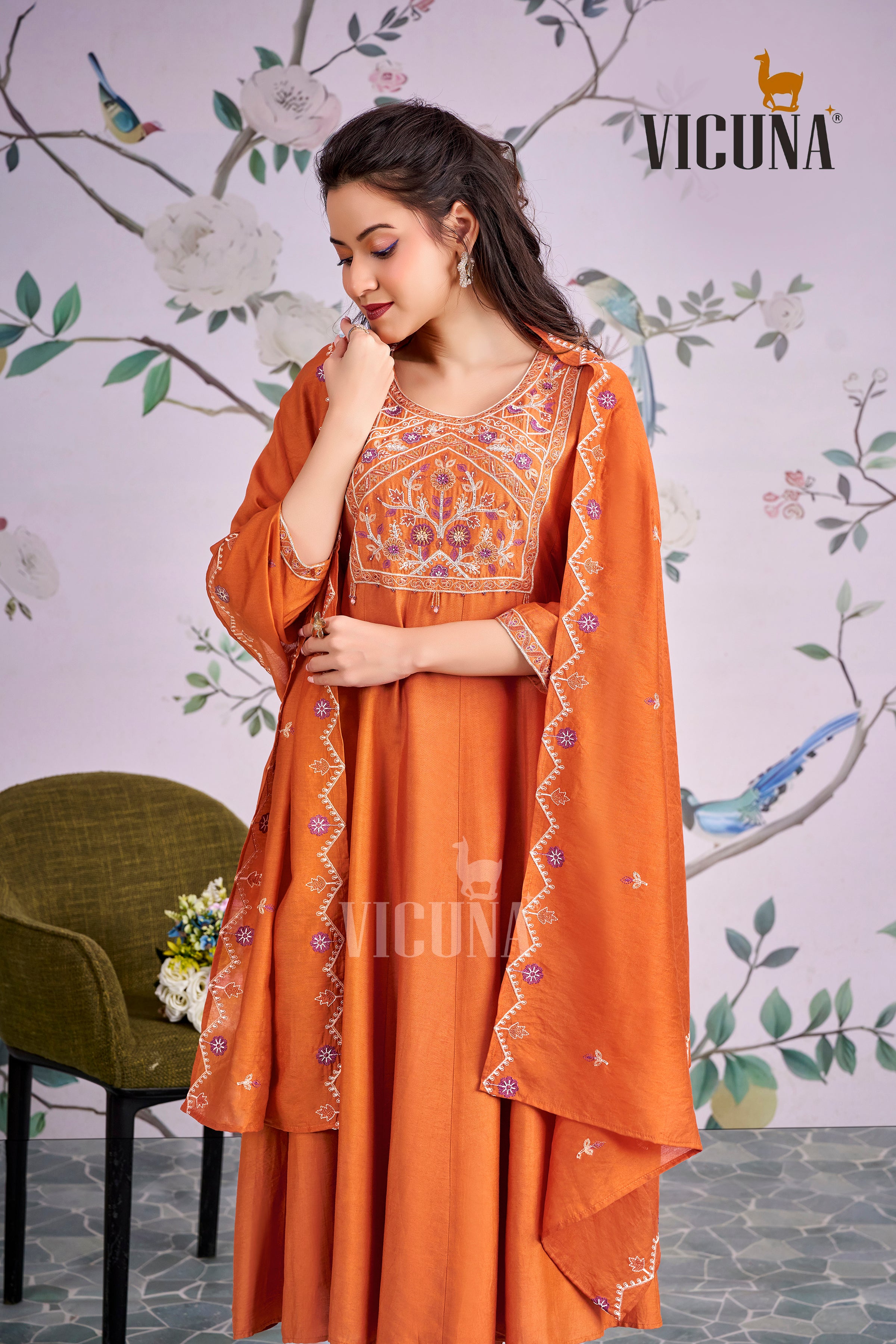 Orange Chanderi Handcrafted Suit Set with Embroidered Dupatta in Orange