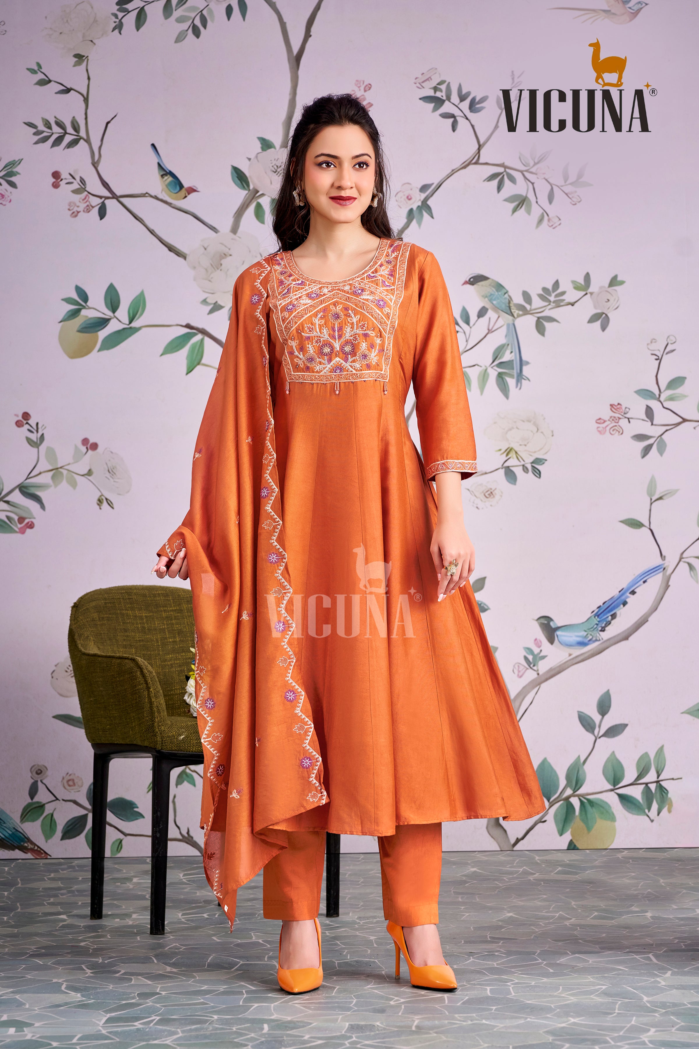 Orange Chanderi Handcrafted Suit Set with Embroidered Dupatta in Orange