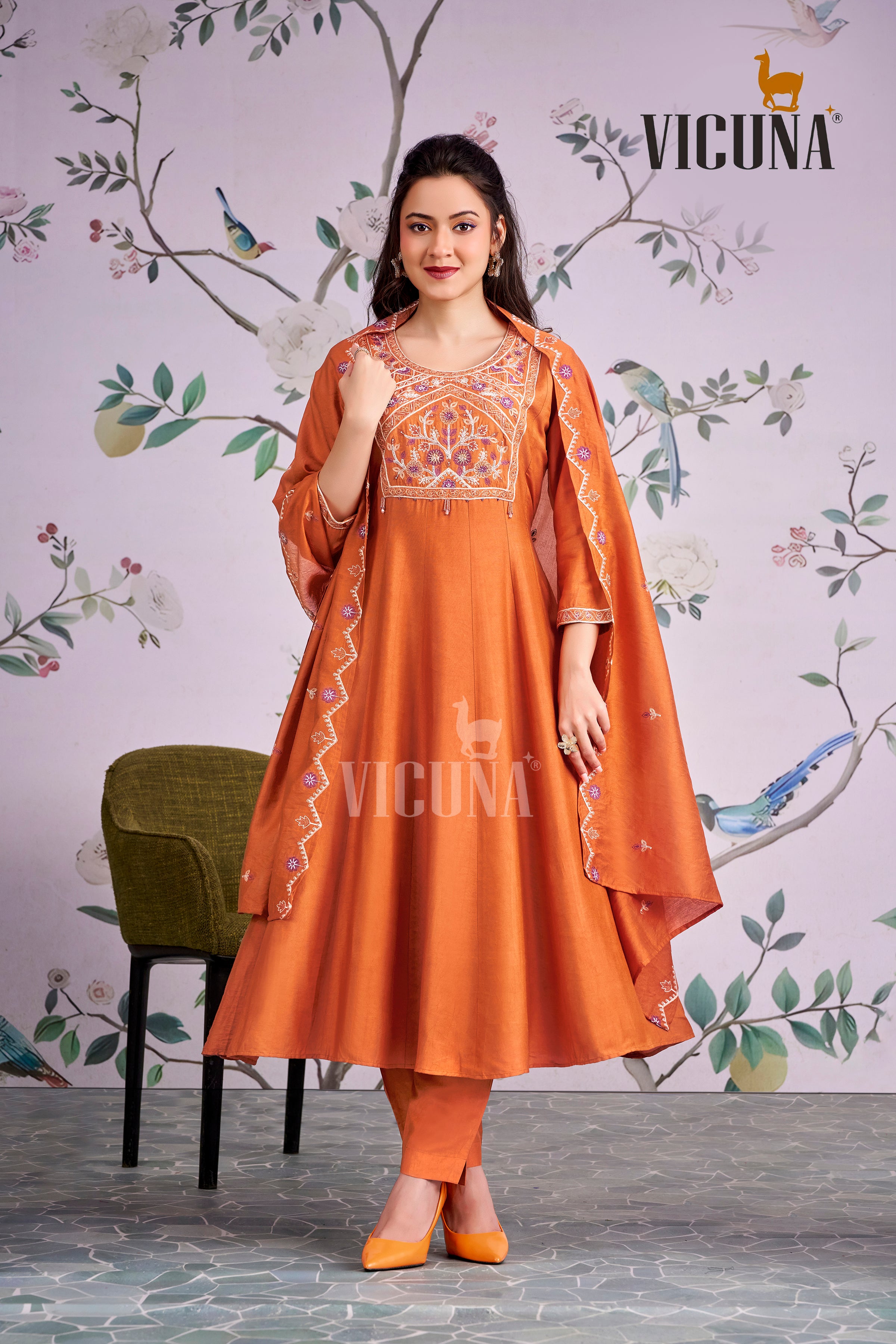 Orange Chanderi Handcrafted Suit Set with Embroidered Dupatta in Orange