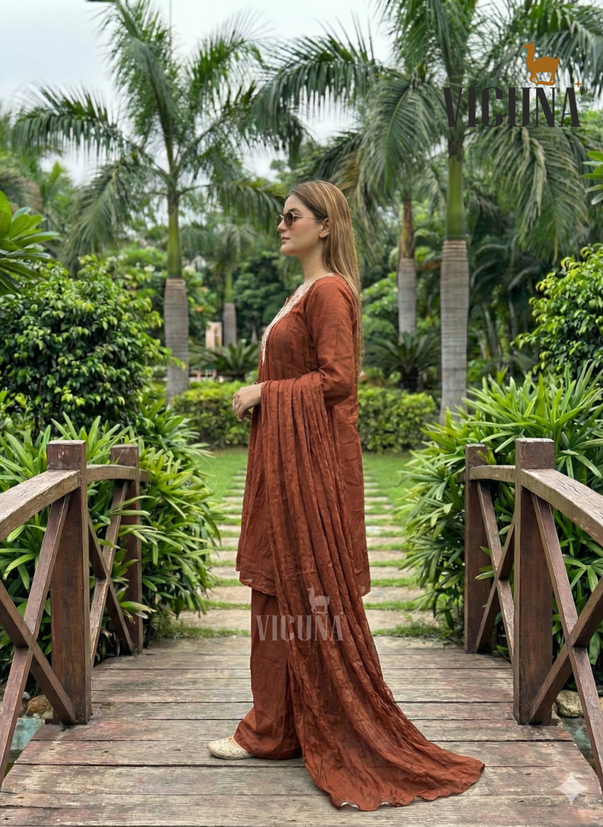 Chinon Embroidered Short Kurta Set in Lemon & Coffee