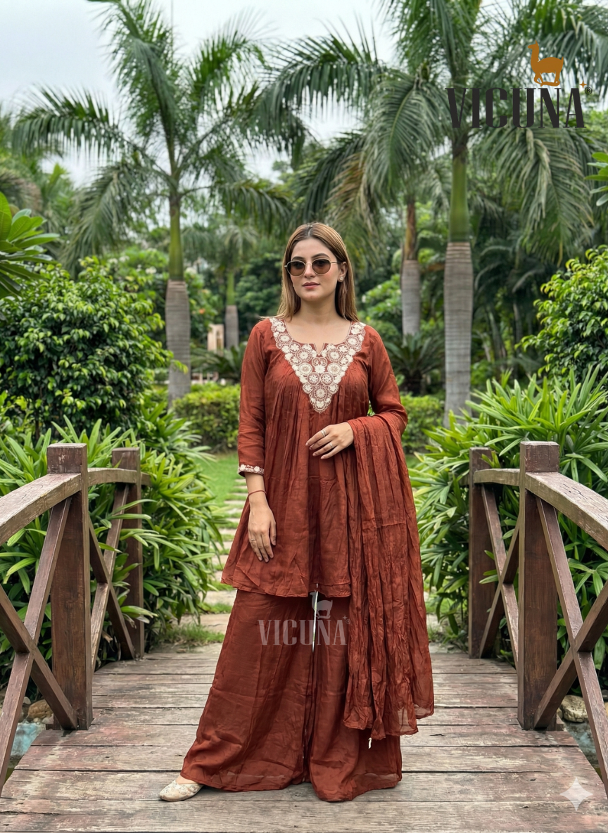 Chinon Embroidered Short Kurta Set in Lemon & Coffee