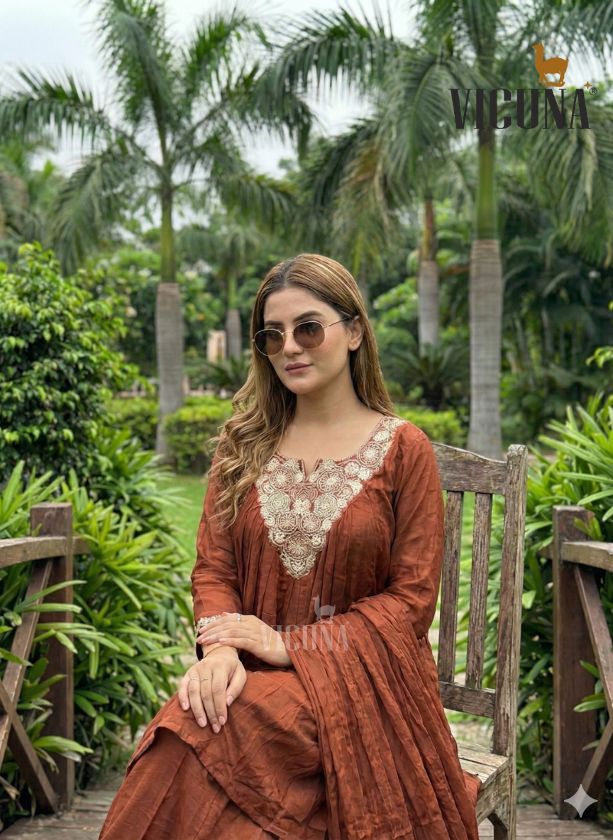 Chinon Embroidered Short Kurta Set in Lemon & Coffee