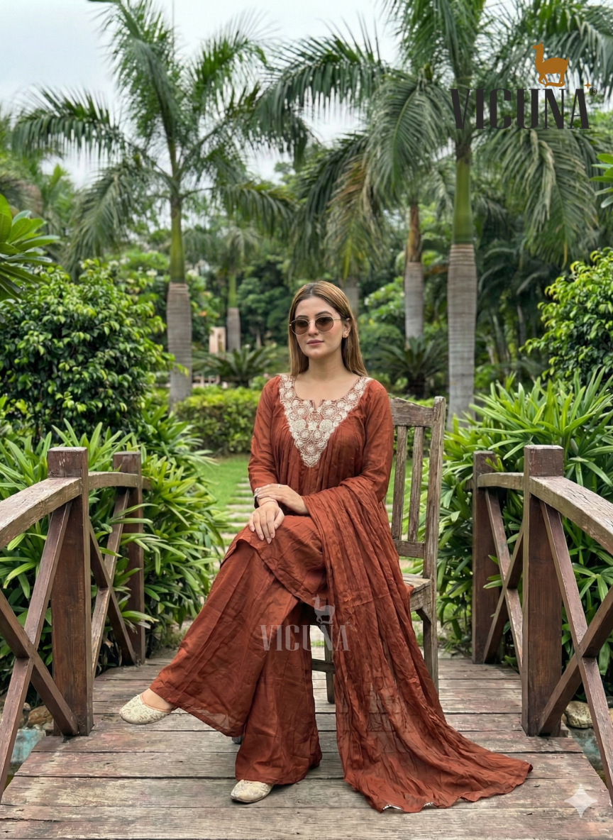 Chinon Embroidered Short Kurta Set in Lemon & Coffee