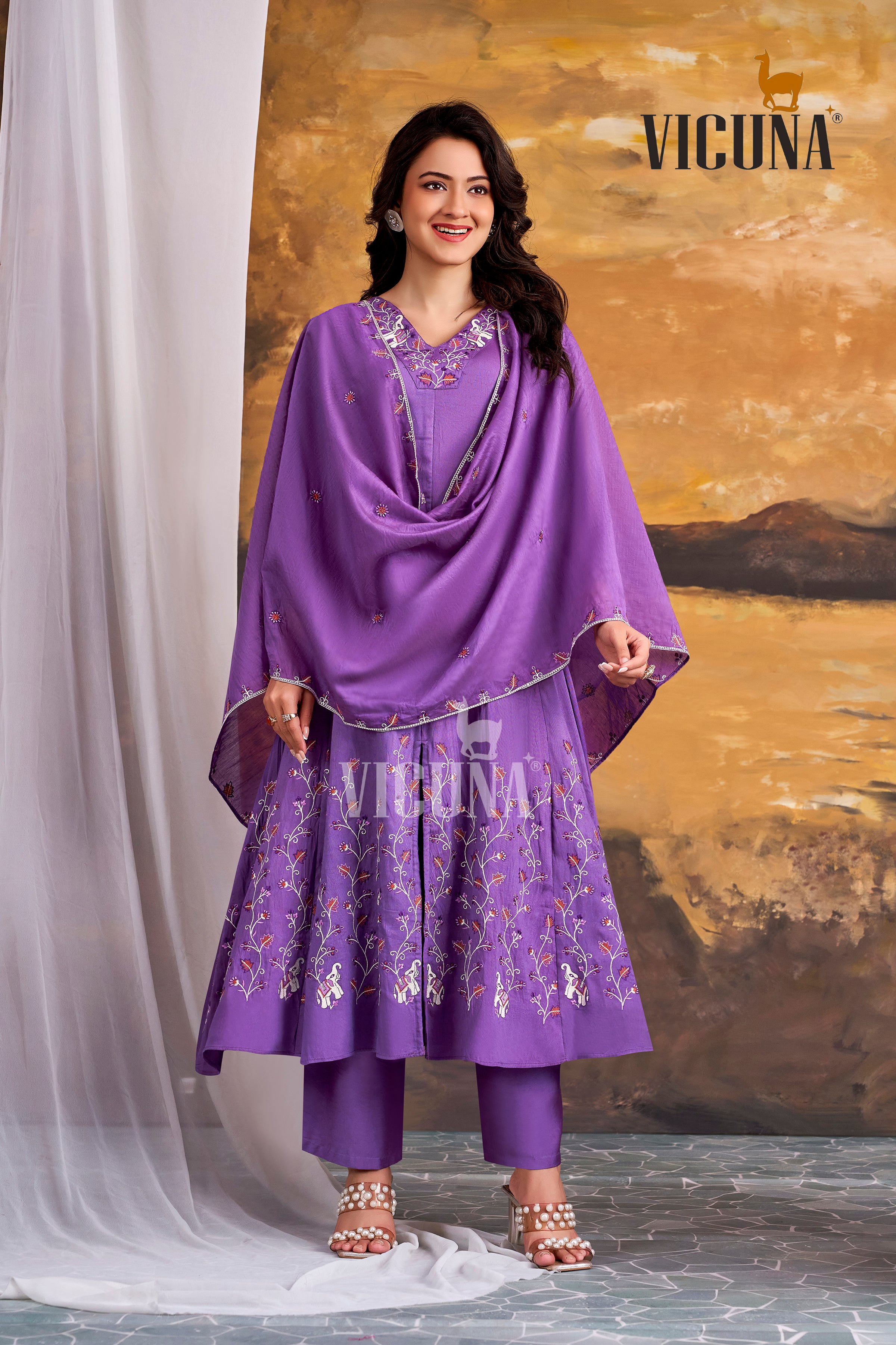 Purple Chanderi Embroidered Suit Set