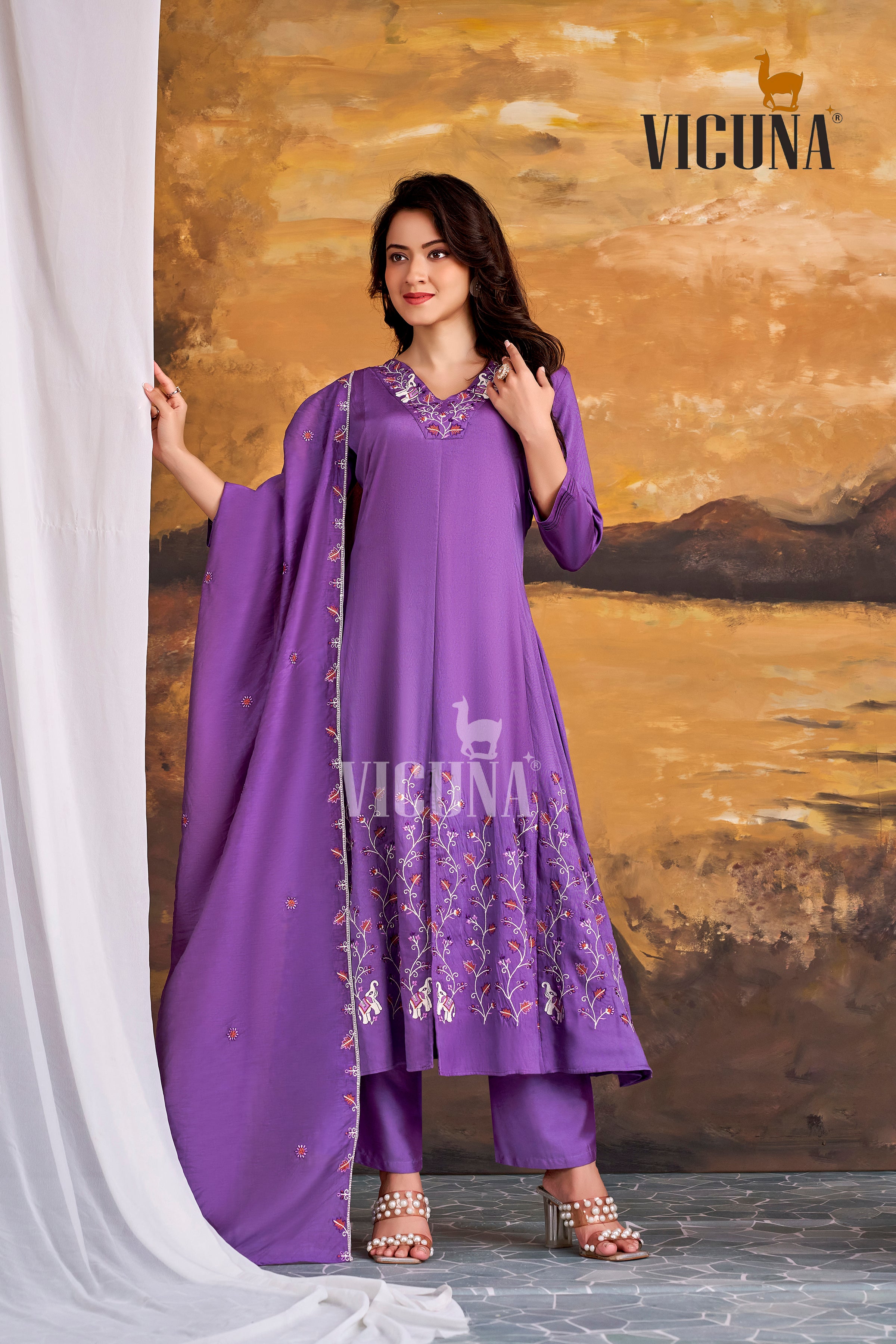 Purple Chanderi Embroidered Suit Set