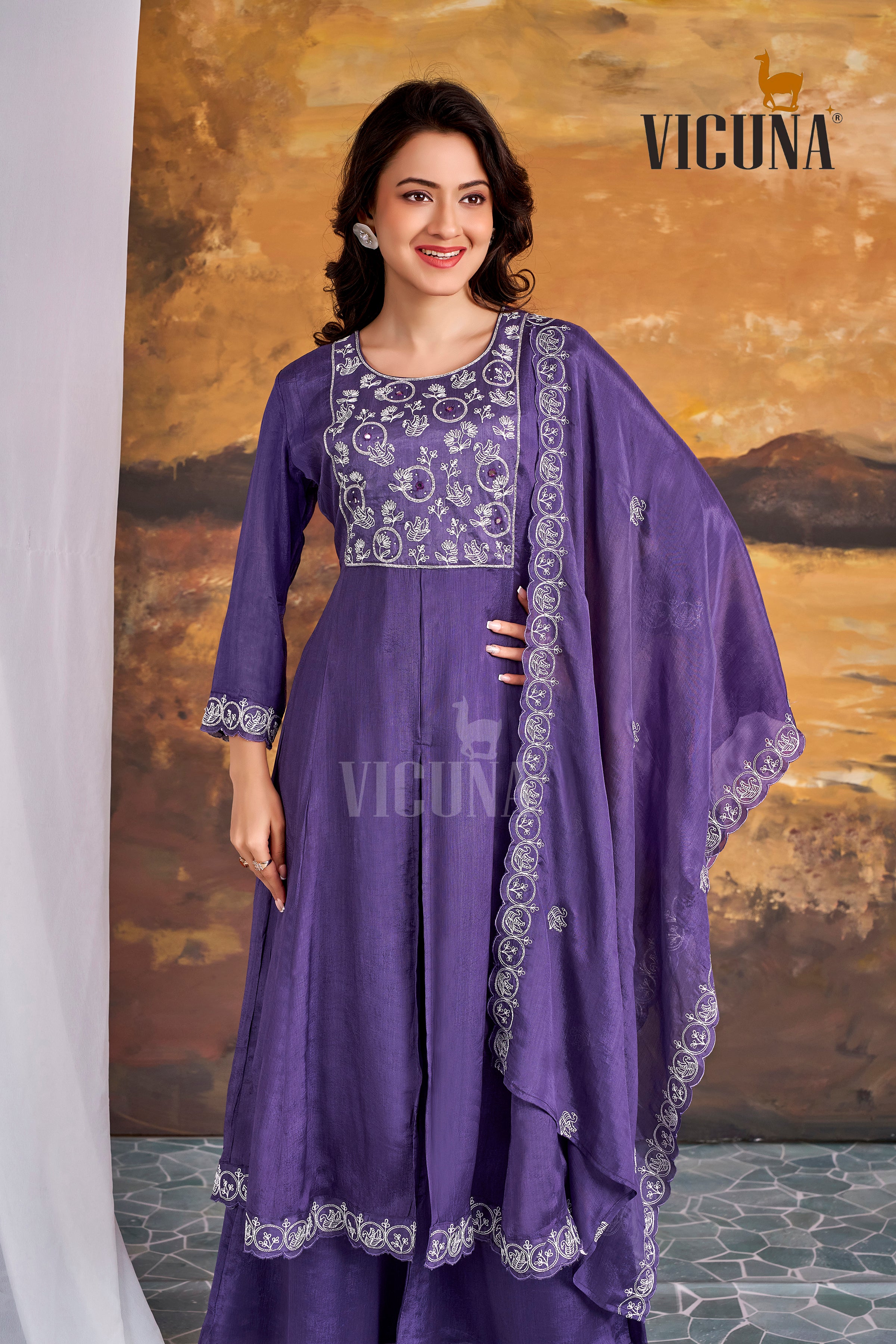 Purple Chinon Handcrafted Suit Set