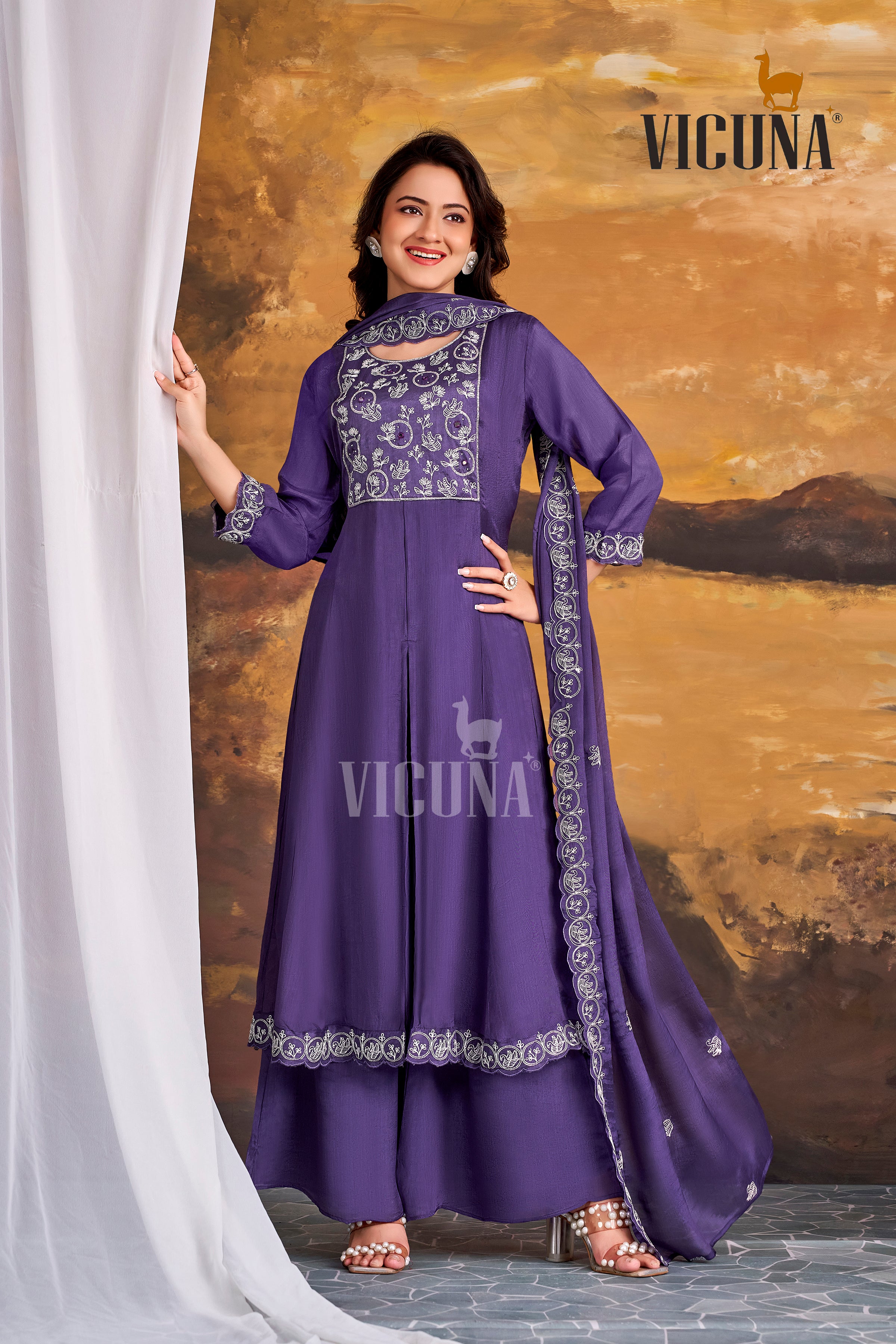 Purple Chinon Handcrafted Suit Set