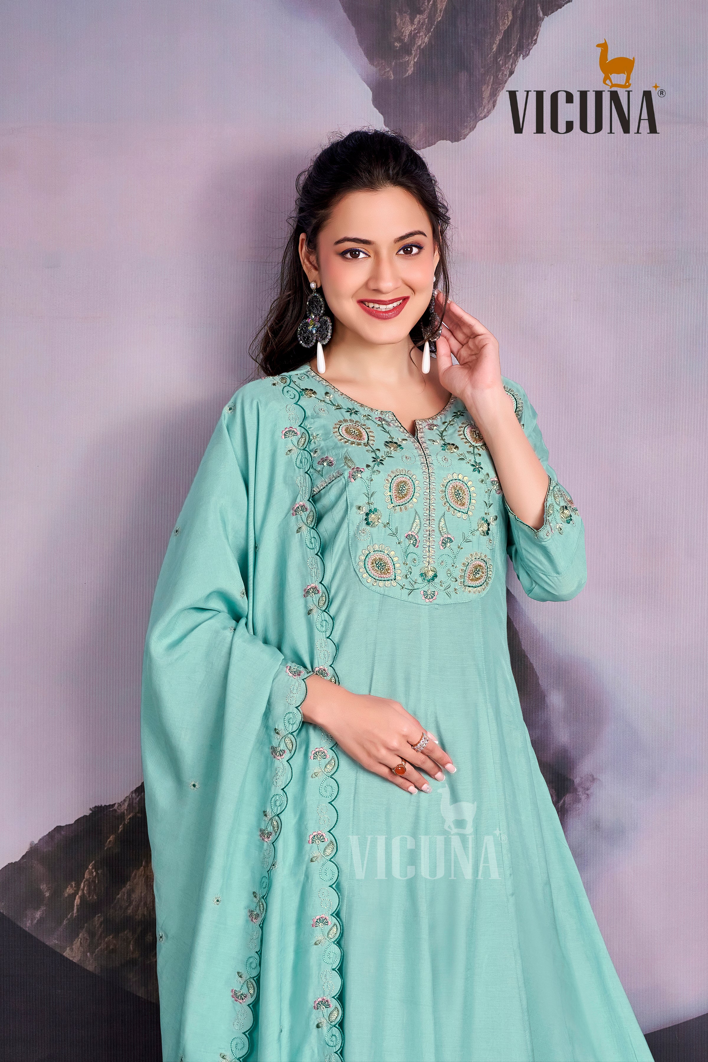 Firozi Muslin Embroidered Suit Set with Embroidered Dupatta